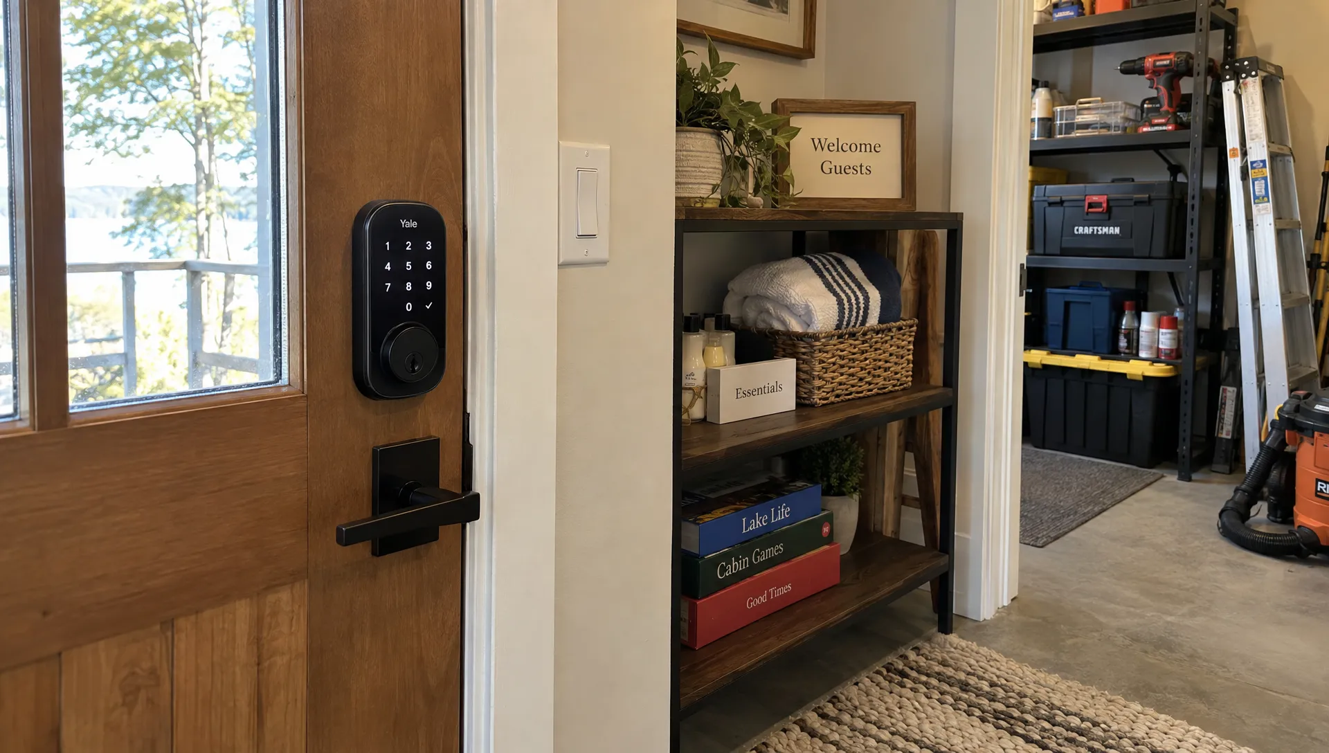 A mounted smart lock sits by the entry of a vacation home, with guest supplies on a shelf and maintenance tools arranged in the adjoining utility area.
