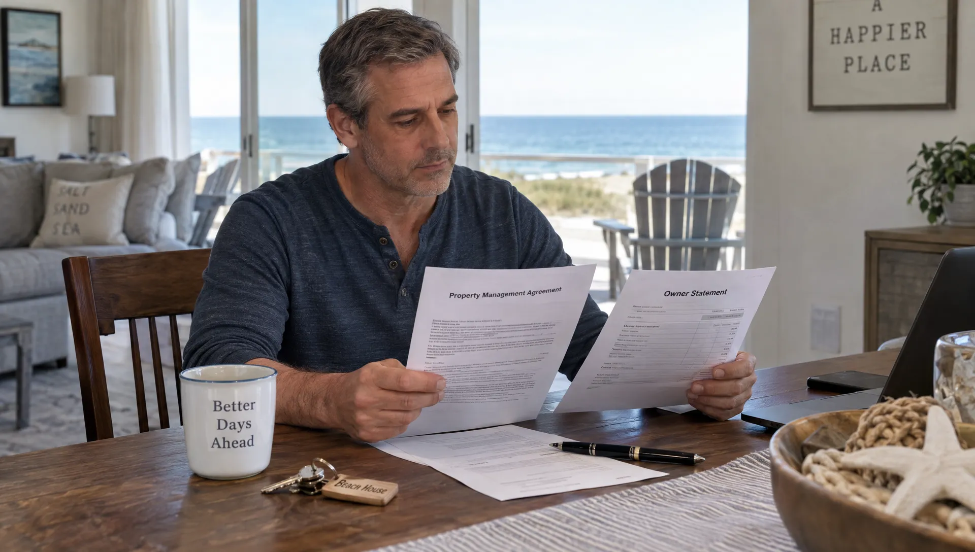A vacation-home owner reviews a management agreement and owner statement at a dining table, with house keys beside the papers.