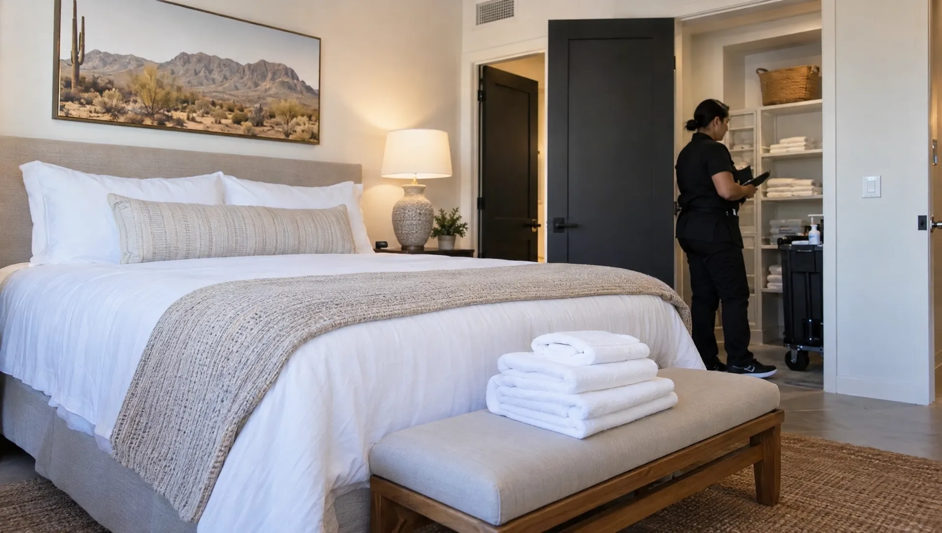 Fresh linens rest on a bench in a Scottsdale rental bedroom, with a cleaner checking room readiness beside the open utility area.