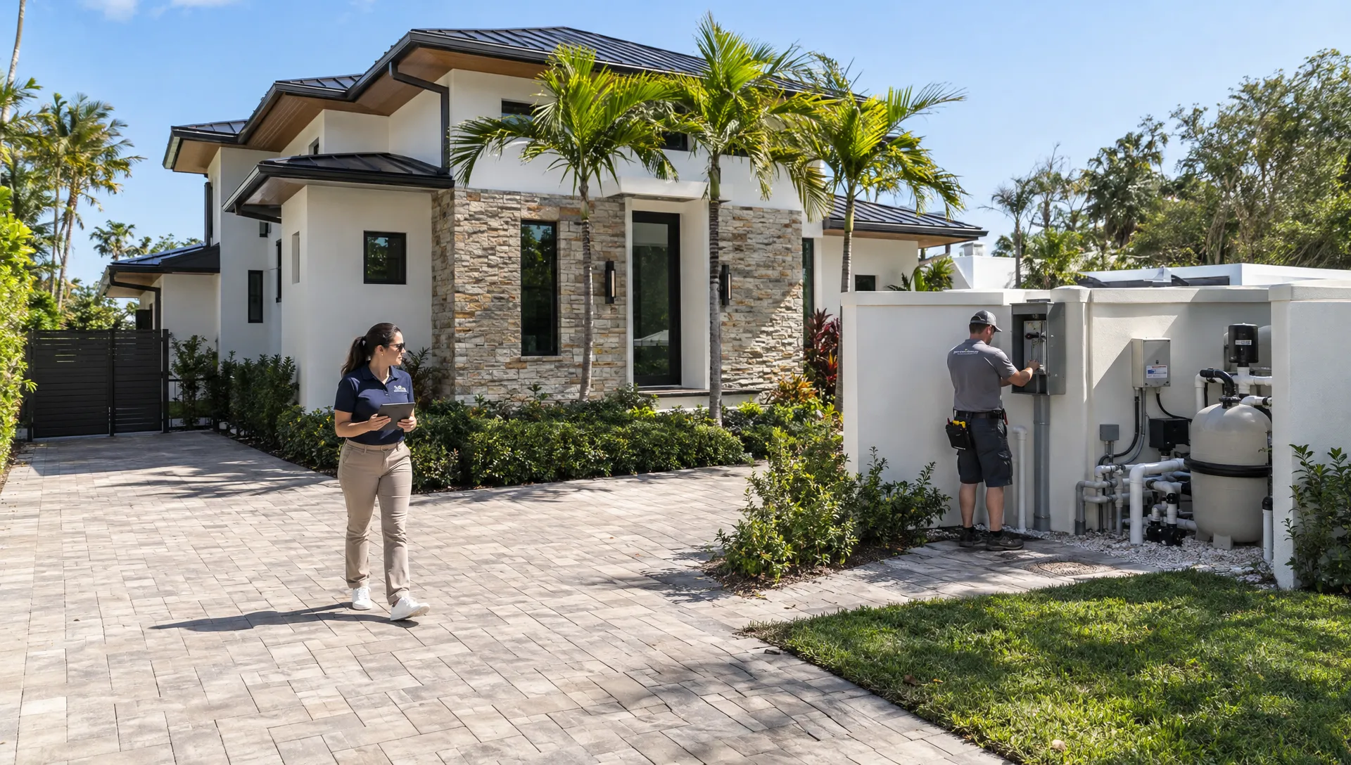 A property manager and technician inspect a luxury vacation home’s exterior and pool equipment as part of full-service rental management.