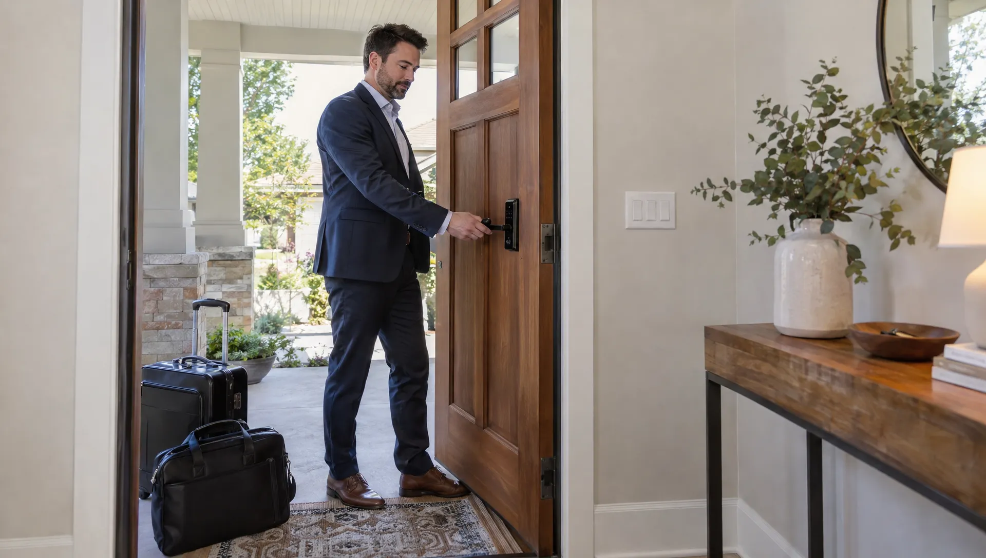 A business traveler uses a smart lock to enter a private rental, carrying a laptop bag and rolling suitcase.