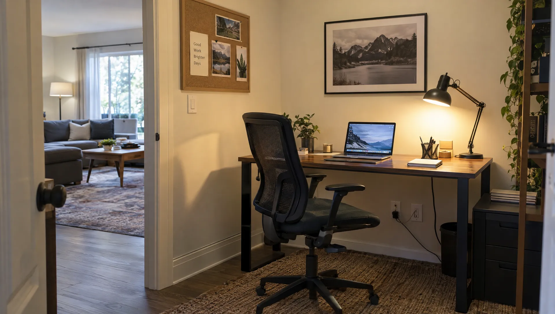 A full-size desk and adjustable chair fill an enclosed workroom, with the rental's living area visible beyond the doorway.