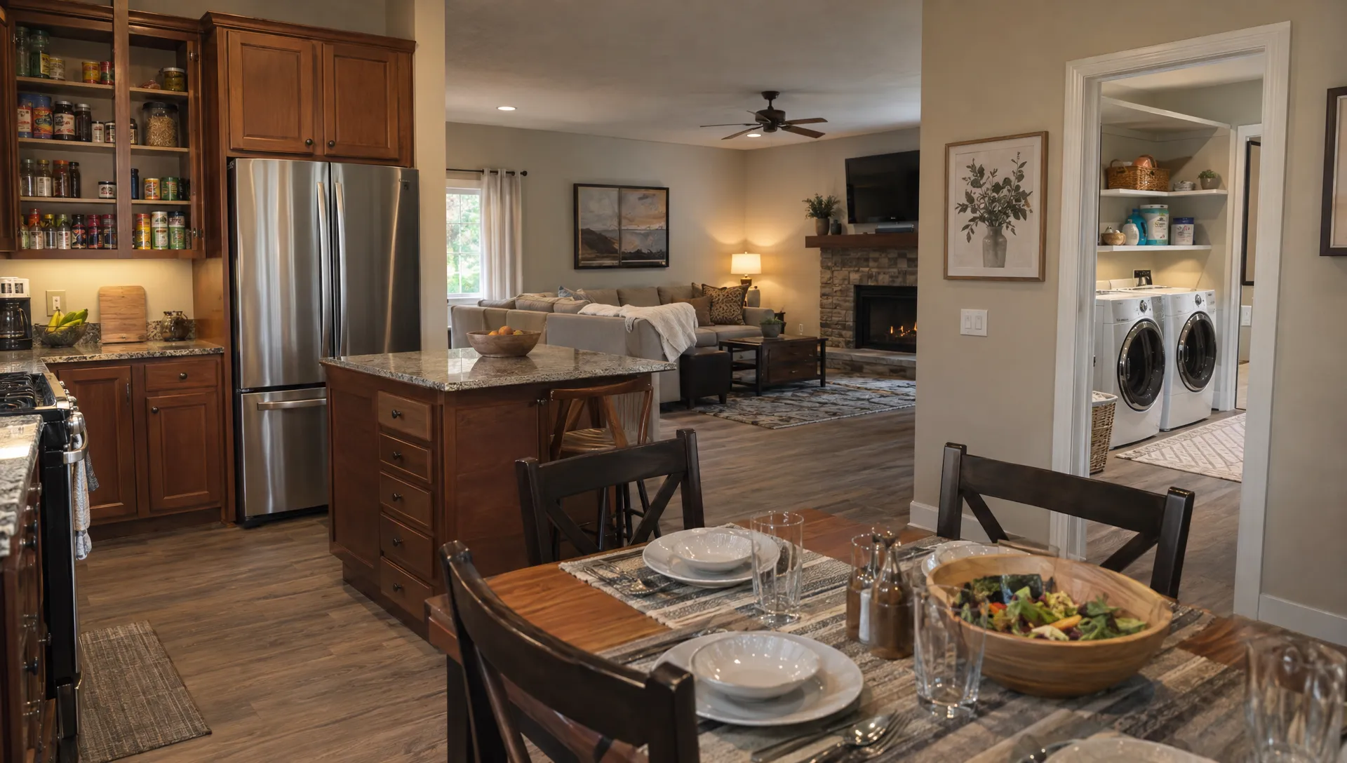 A stocked kitchen, adjacent laundry area, and meal-ready dining table support a longer business stay.