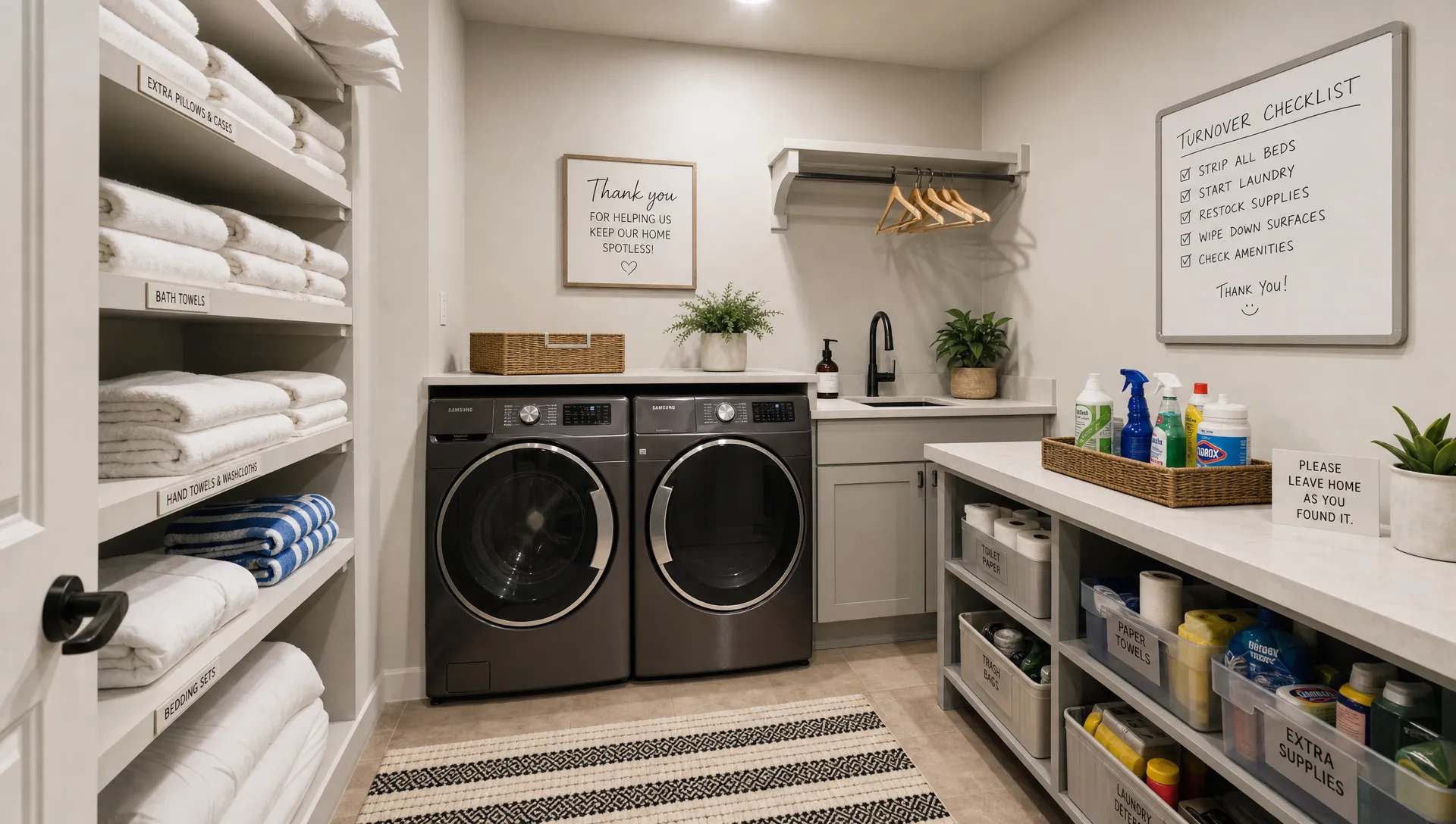 A luxury rental laundry and supply room with labeled linens, folded towels, cleaning products, and maintenance notes ready for turnover.