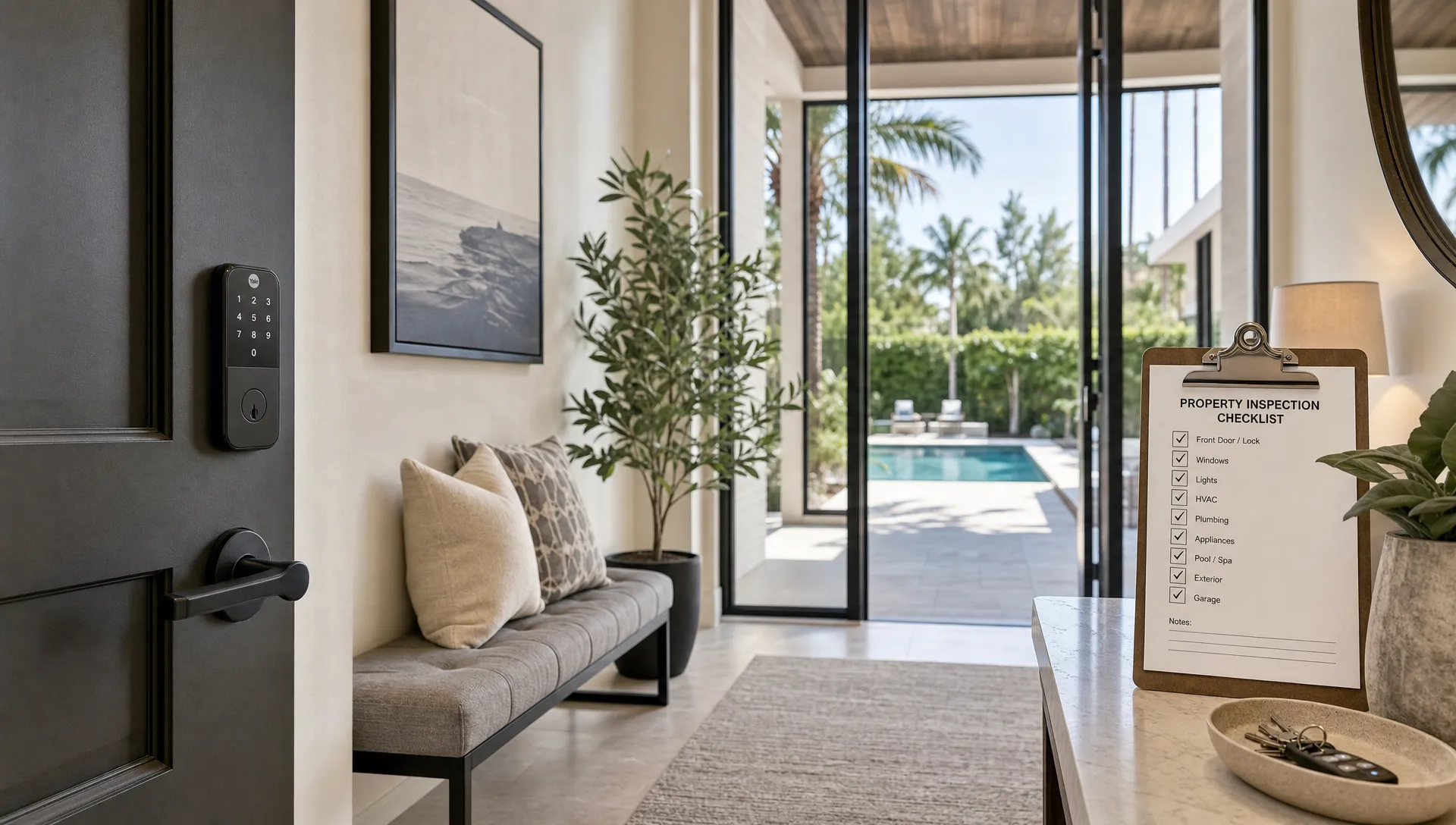 A private luxury home entry with a smart lock, welcome bench, and inspection checklist beside glass doors opening to the pool area.