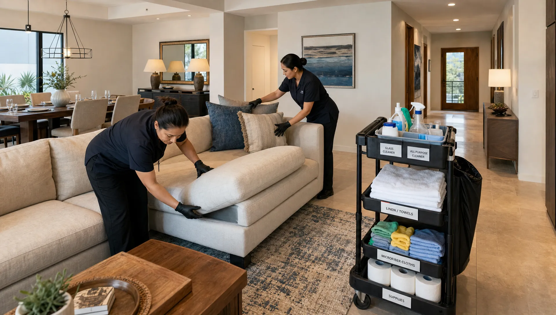 Housekeepers work through a luxury rental turnover in the living room with supplies, pillows, and a rolling cart nearby.