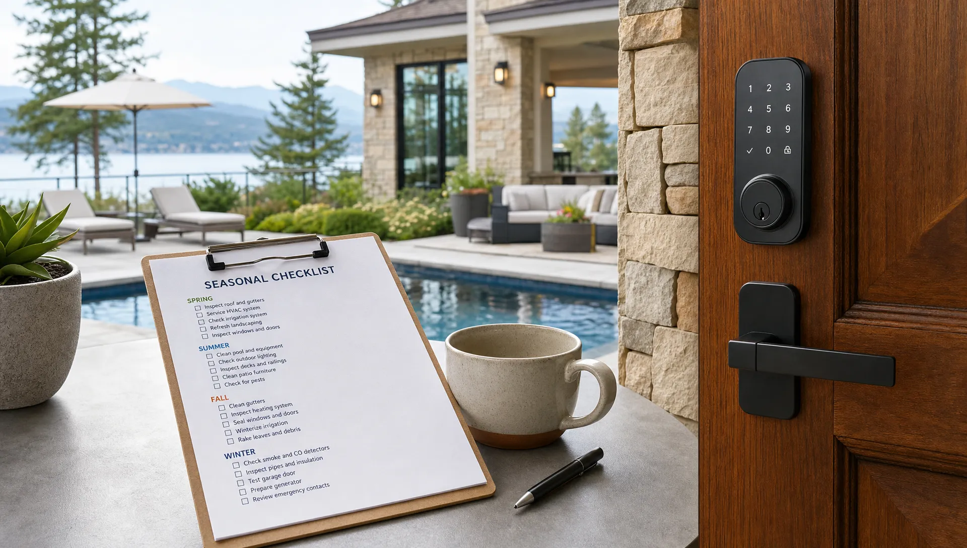 A seasonal checklist sits beside a private pool, outdoor seating, and smart lock entry at a luxury second home.