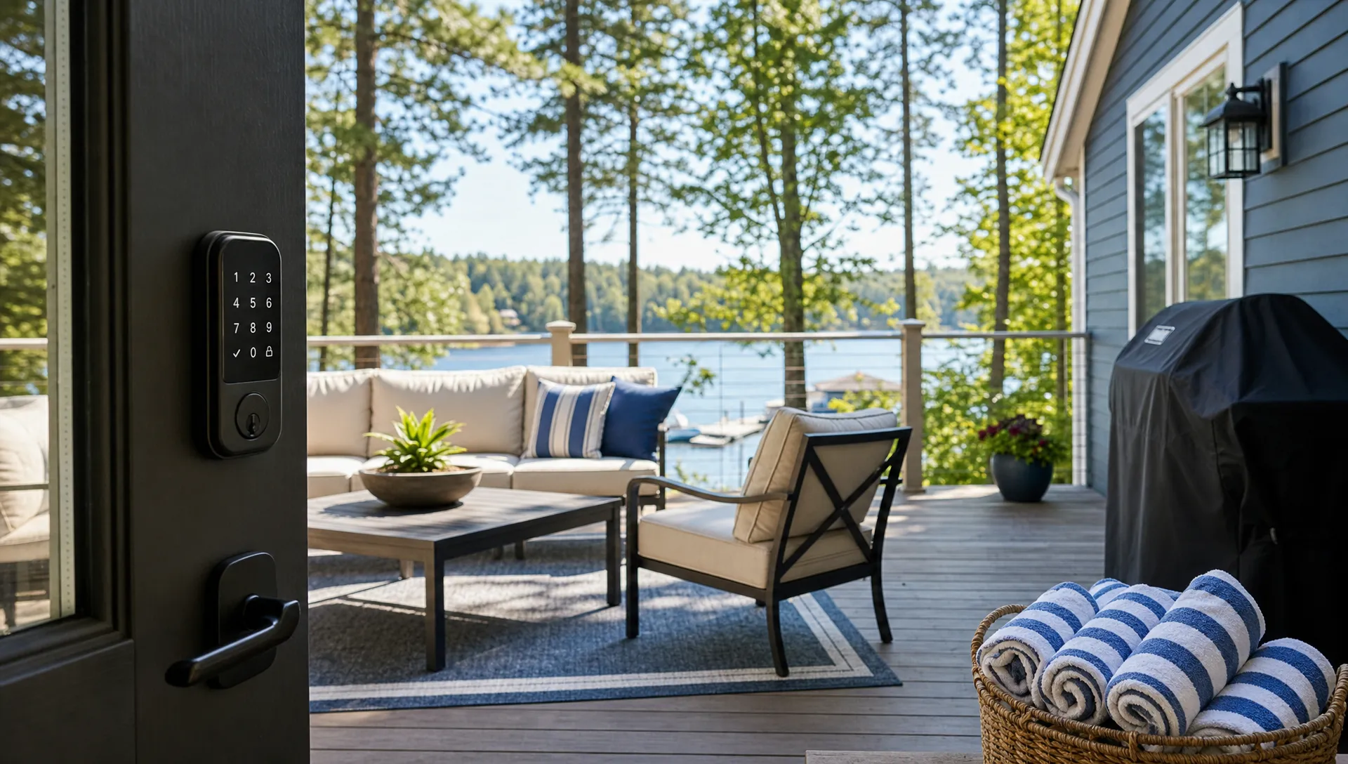 Outdoor lounge furniture, fresh towels, a covered grill, and a smart lock mark a seasonal guest-ready second home.