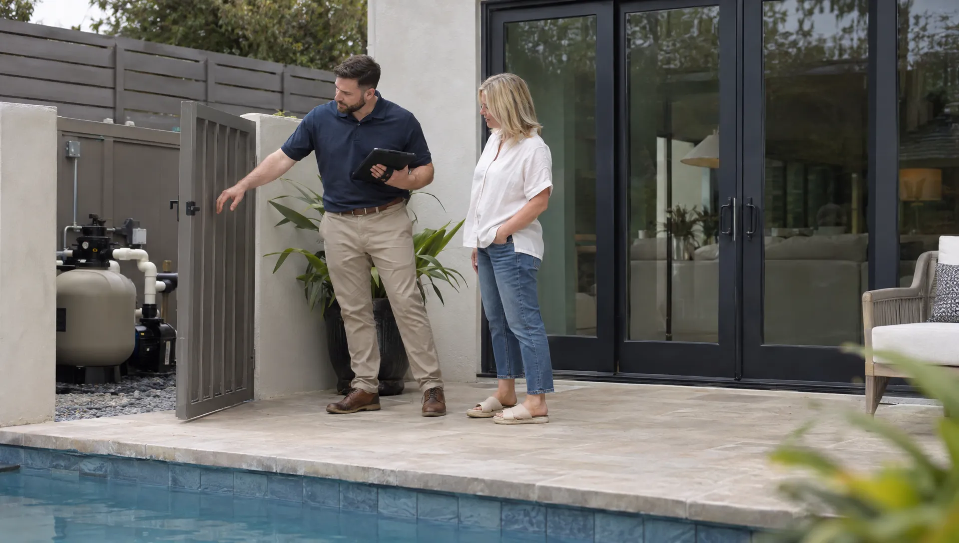 A homeowner and property manager inspect the pool equipment gate and patio doors during a walkthrough of a private pool terrace.