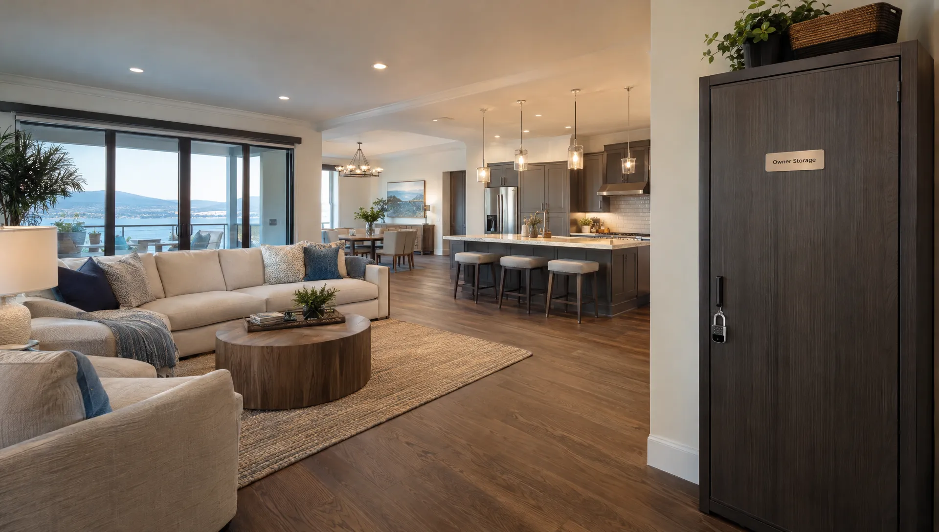 A locked owner-storage cabinet stands beside a freshly prepared living room in a luxury second home, with the stocked kitchen visible beyond.