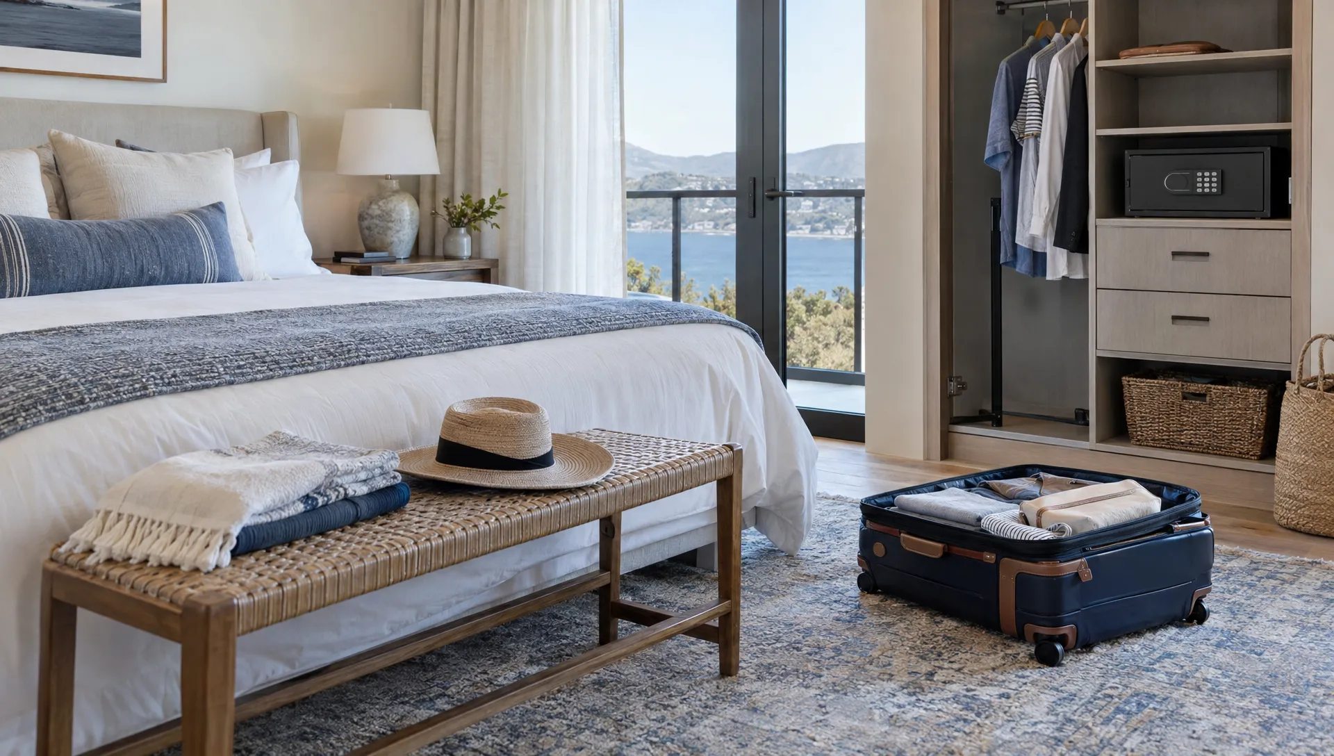Freshly made bed linens and a packed suitcase sit beside a bench in a second-home bedroom, with a locked owner compartment inside the open wardrobe.