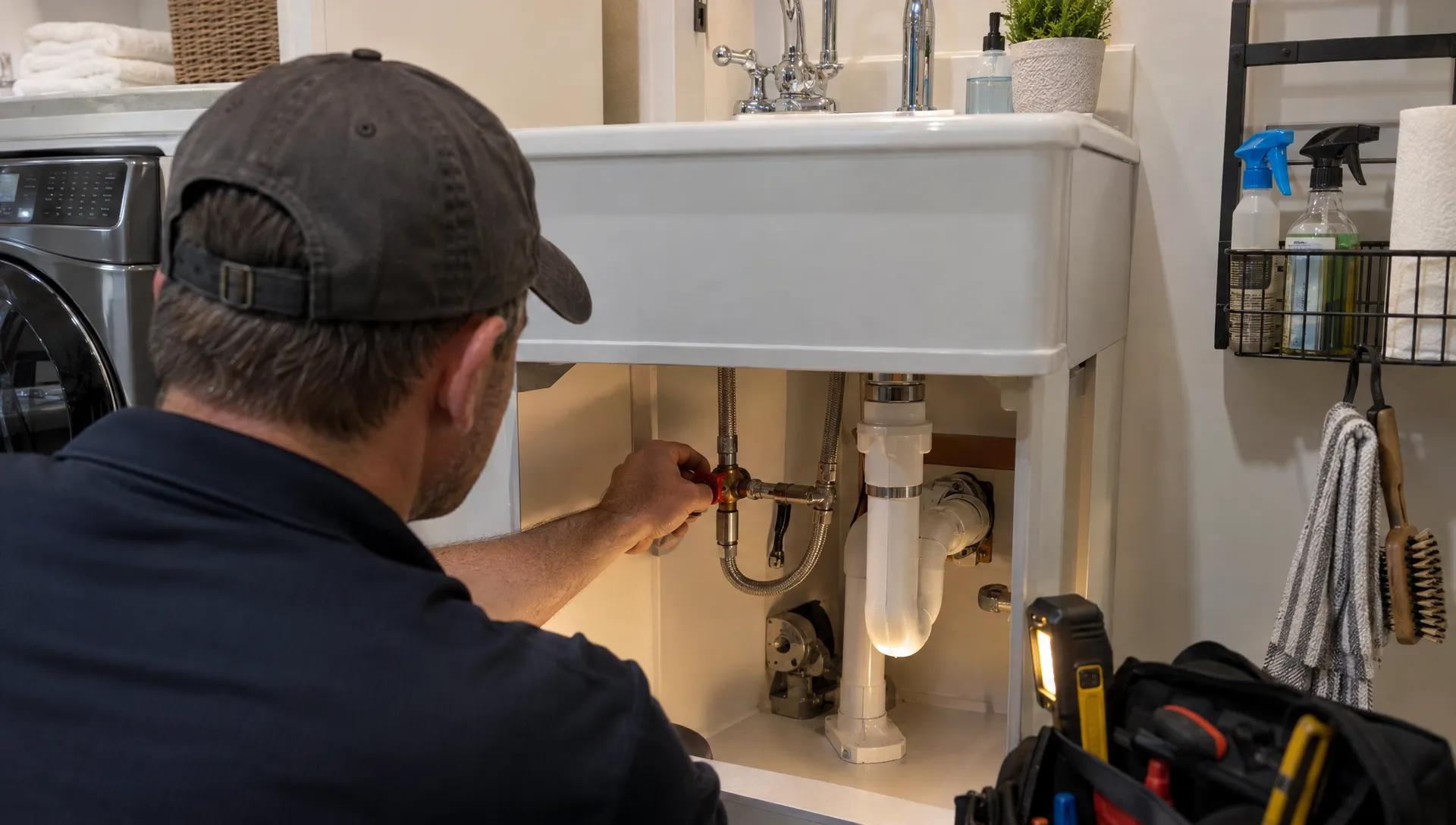 A technician checks a utility sink's shutoff valve during preventative maintenance at a luxury second home.