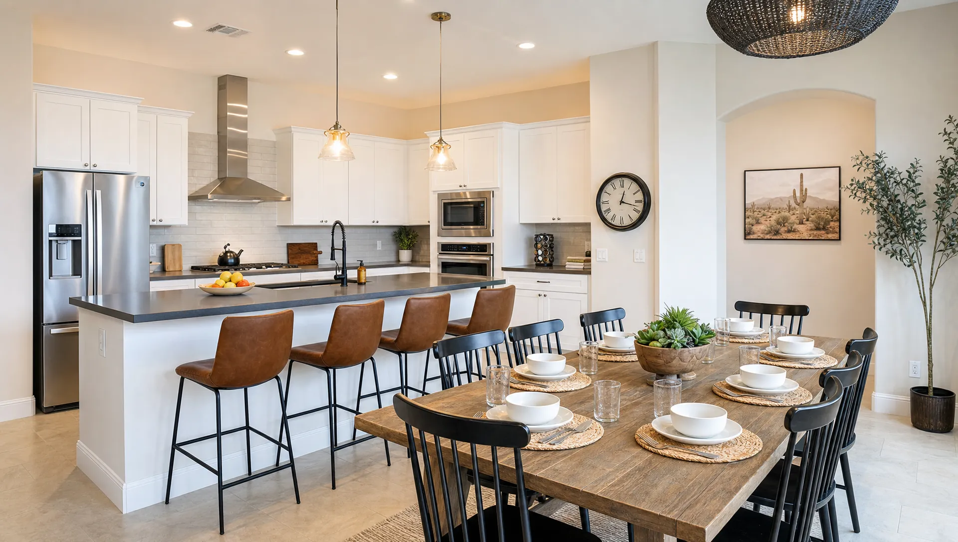 Luxury kitchen and dining area in a Phoenix short term rental, set up for families and extended-stay travelers.