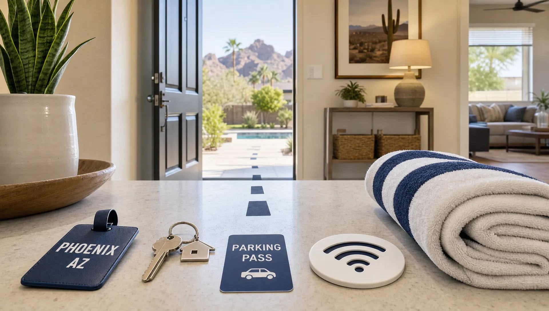 Travel essentials lead toward an open doorway in a Phoenix home, suggesting a short term rental that fits the trip.