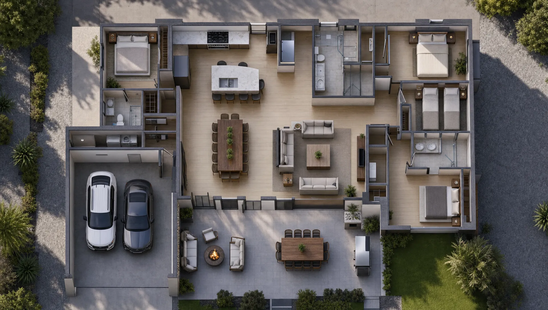 A clean overhead composition of interlocking geometric blocks and soft shadow shapes arranged like a home floorplan, with clear visual cues for bedrooms, bathrooms, kitchen, dining, parking, and outdoor gathering areas. The arrangement should suggest how a group-friendly vacation property removes friction and keeps everyone comfortable, without depicting a literal room interior or any people.
