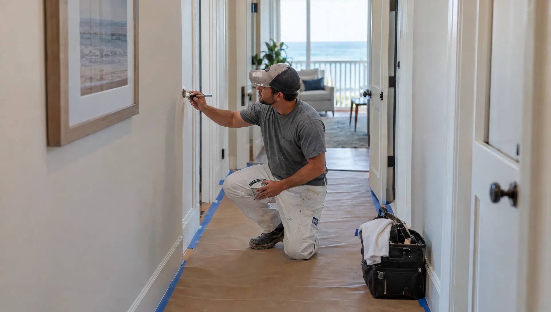 A contractor touches up a vacation home's hallway wall between reservations while floor protection keeps the space ready for final cleaning.