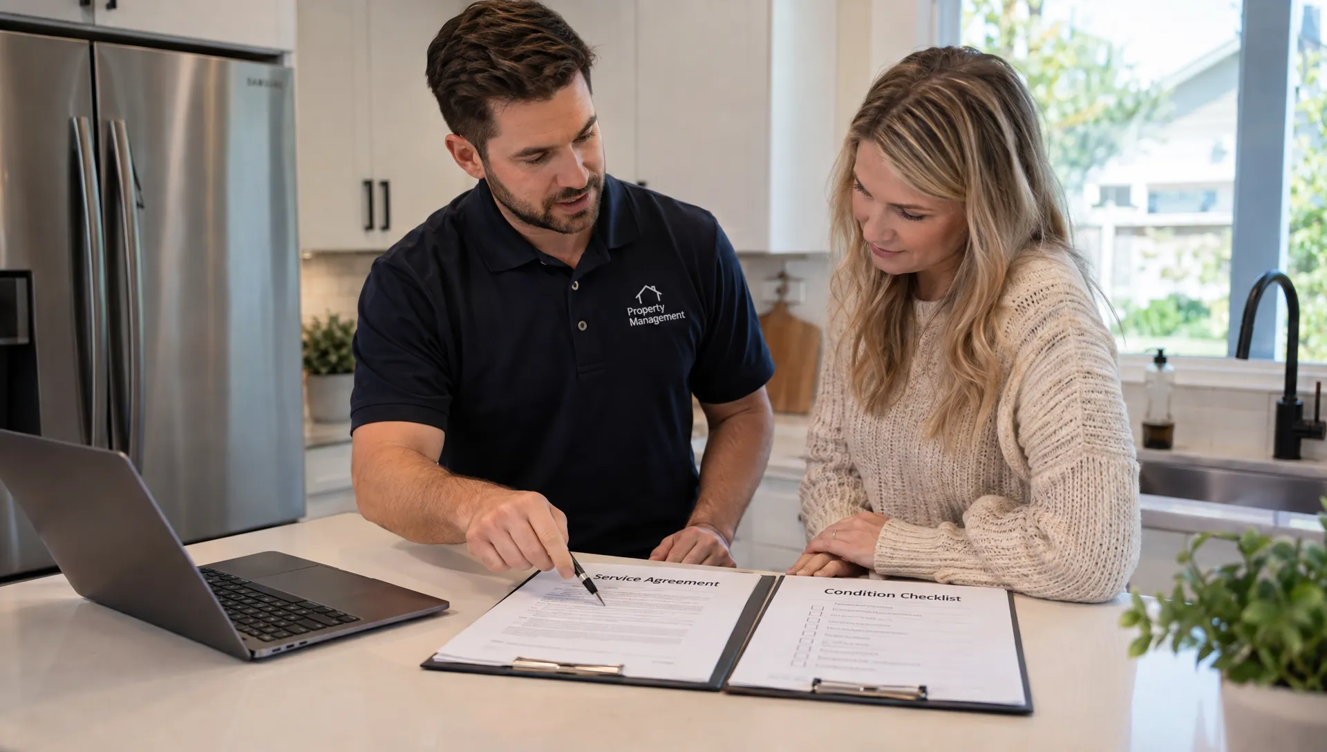 A homeowner and property manager review the service agreement and condition checklist at a rental home's kitchen island before onboarding.
