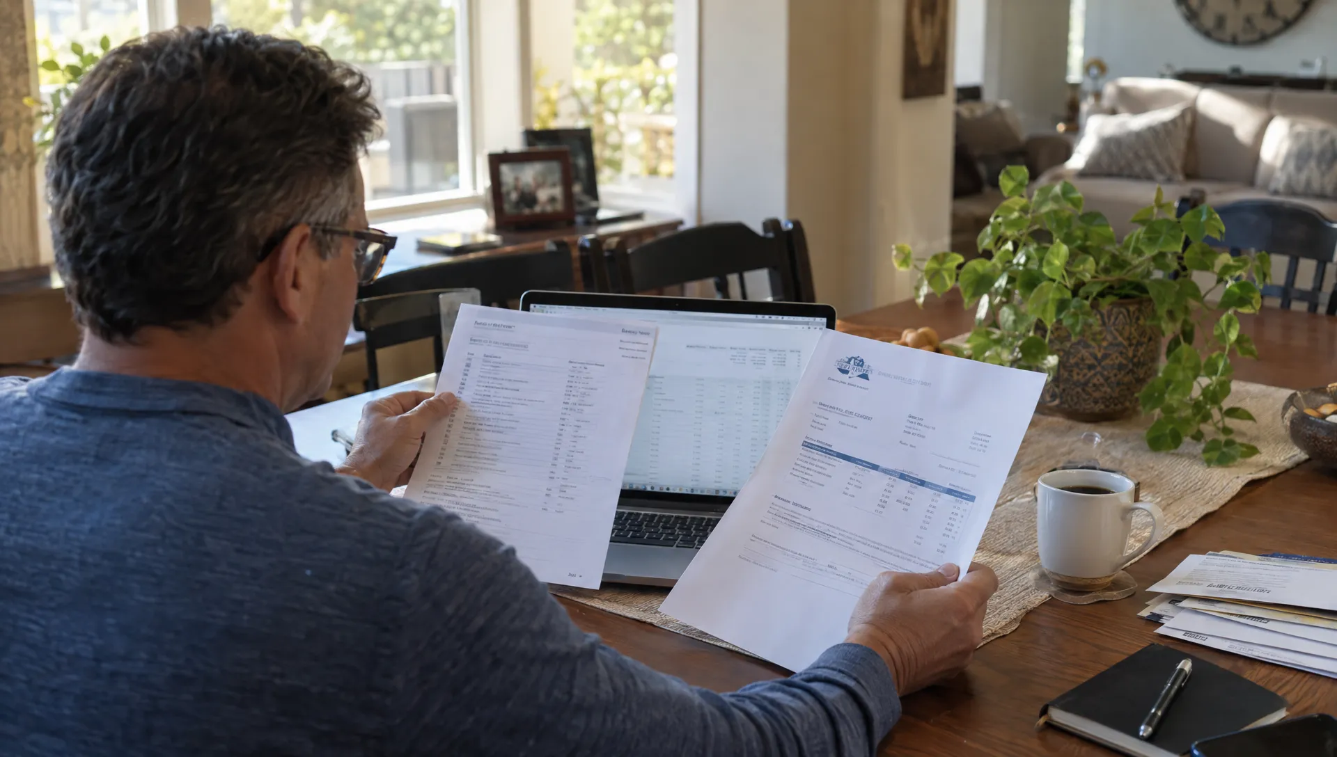 A homeowner reviews maintenance records and an owner statement at home while weighing short-term rental management options.