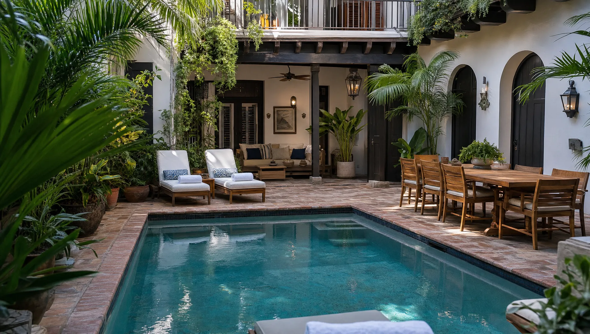 A San Juan rental courtyard shows a private pool, shaded lounge, dining table, and tropical landscaping ready for a family stay.