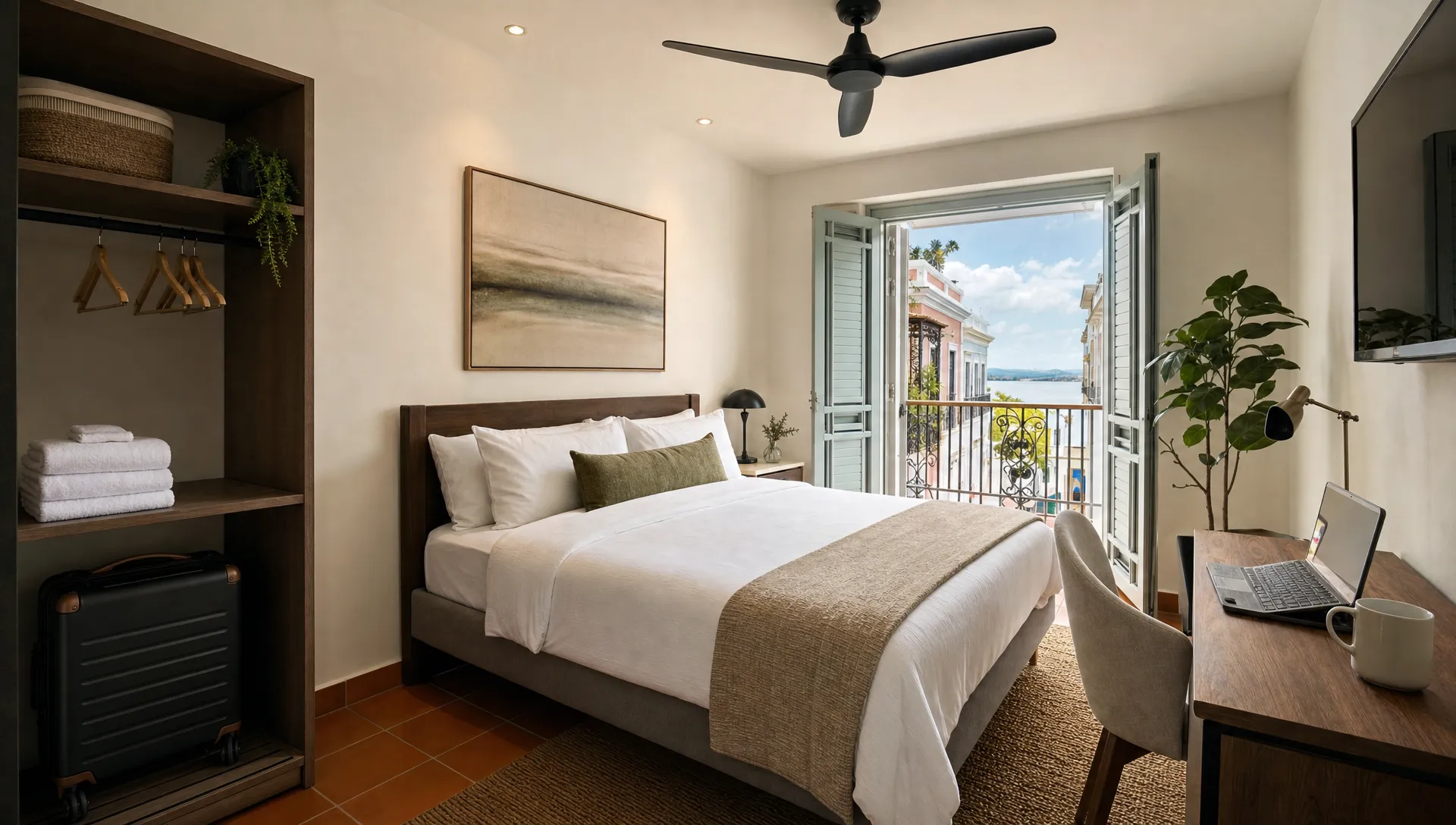 A San Juan vacation home bedroom includes folded linens, luggage space, and a nearby desk for a traveler balancing work and rest.