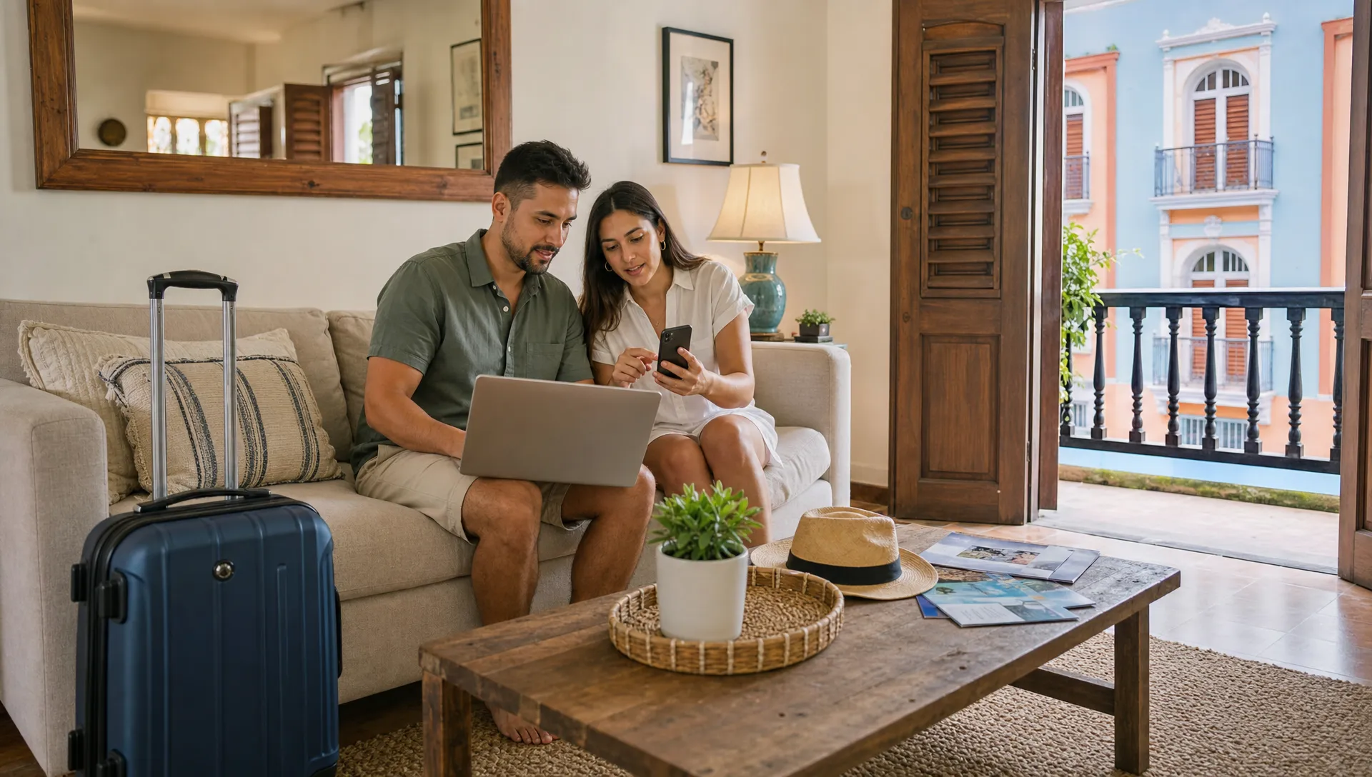 Two adults in a San Juan rental review plans on a sofa beside a carry-on bag and open balcony doors.