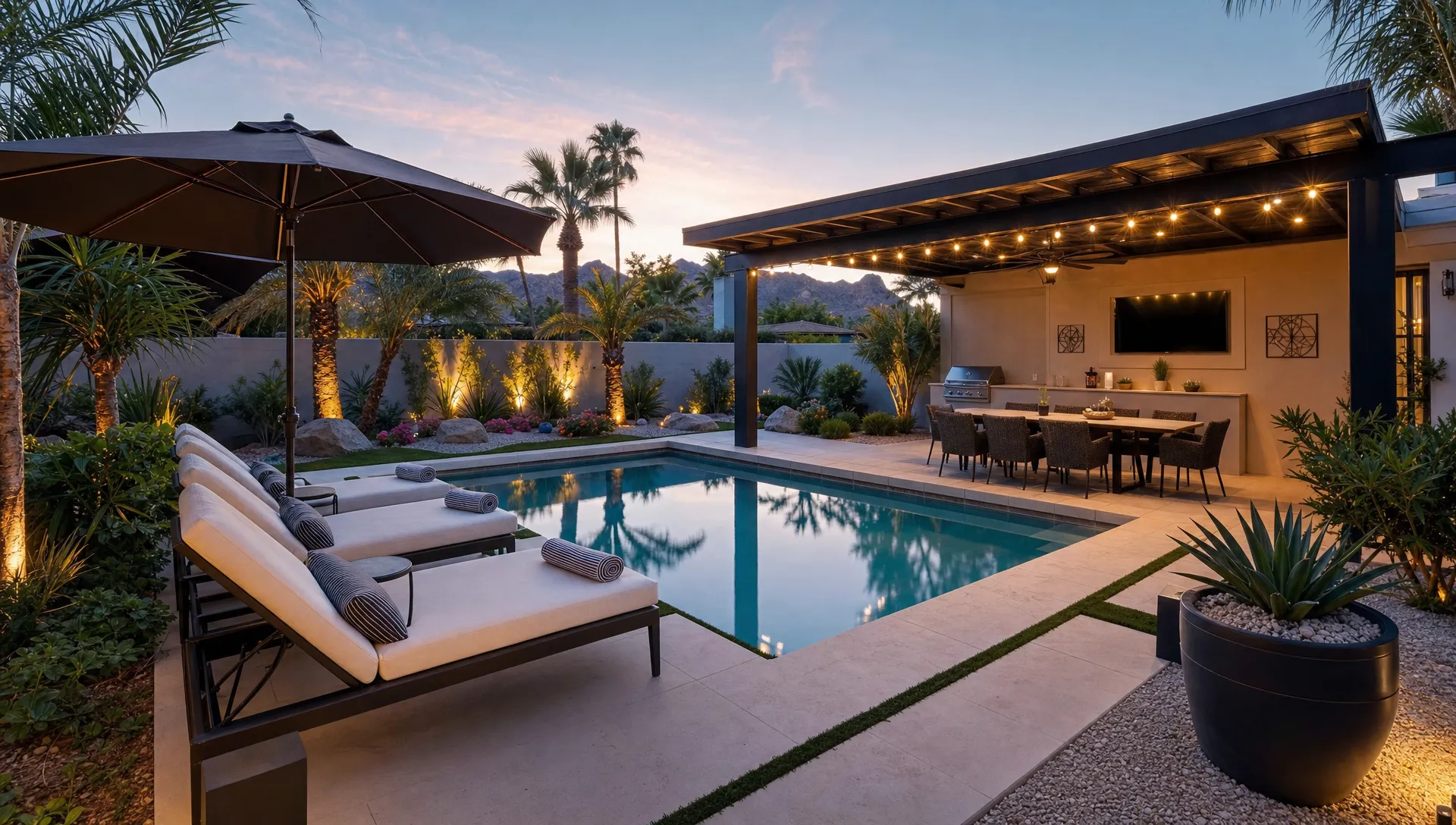 Private backyard pool and shaded patio at a Phoenix luxury vacation rental with loungers, outdoor dining, desert landscaping, and evening light.