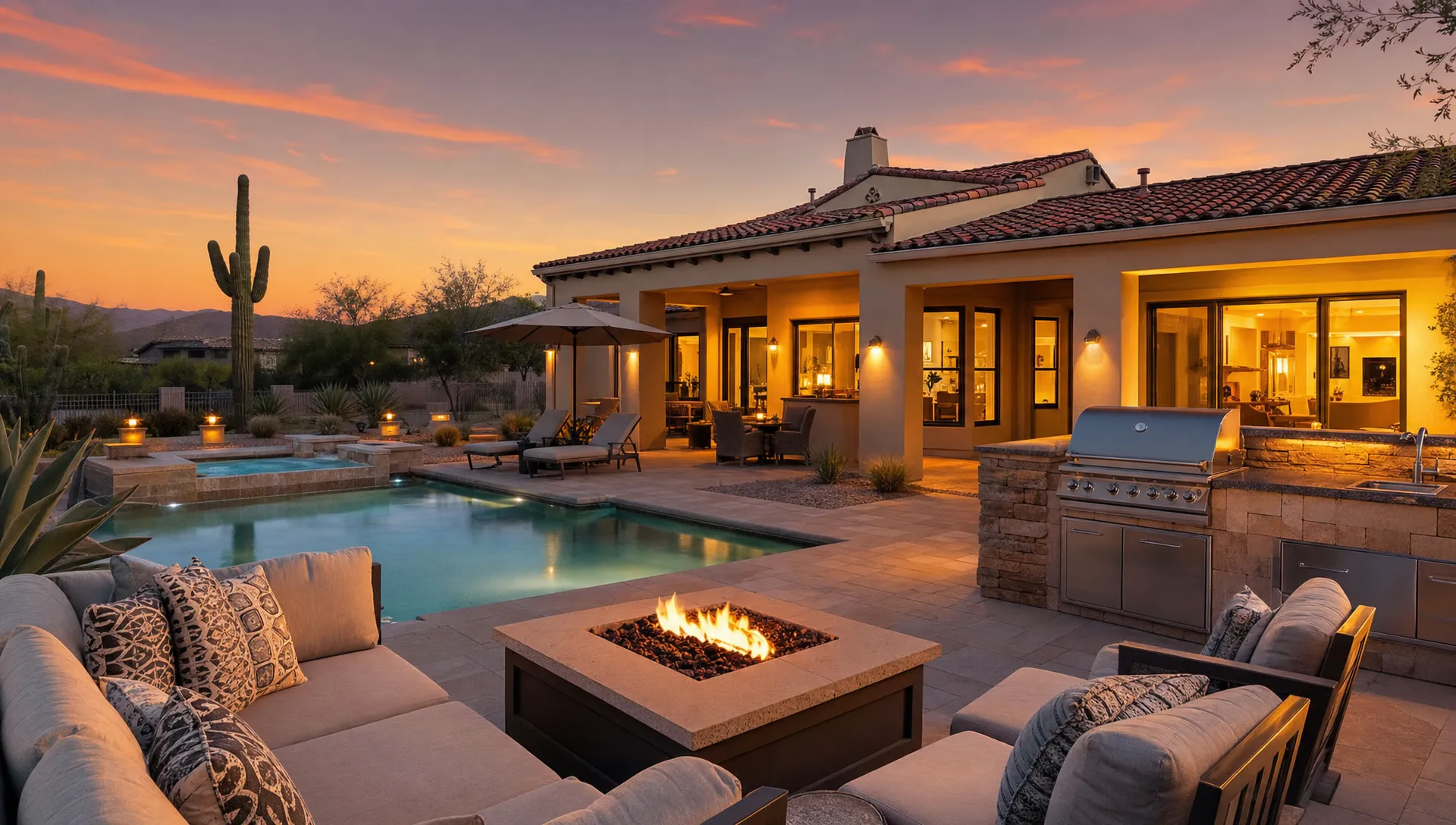 A wide desert lifestyle scene of a private luxury vacation home in the Phoenix area at twilight, with an inviting backyard pool, shaded lounge seating, a lit grill area, desert landscaping, and the home’s glowing exterior seen from the patio, no people visible, conveying a calm, spacious stay that works for family trips, couples, and extended visits.