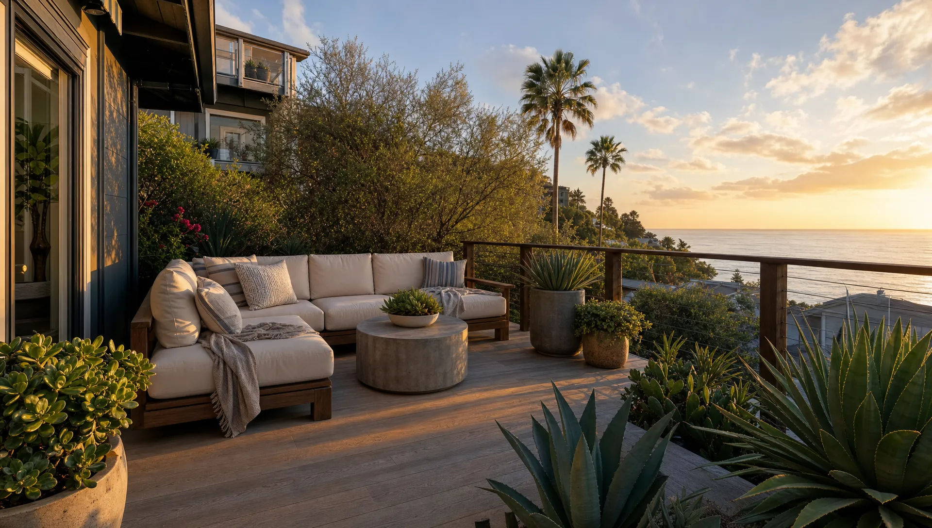 A private terrace at one of the Laguna Beach rentals, with comfortable lounge seating, coastal plants, and a partial ocean view at golden hour.