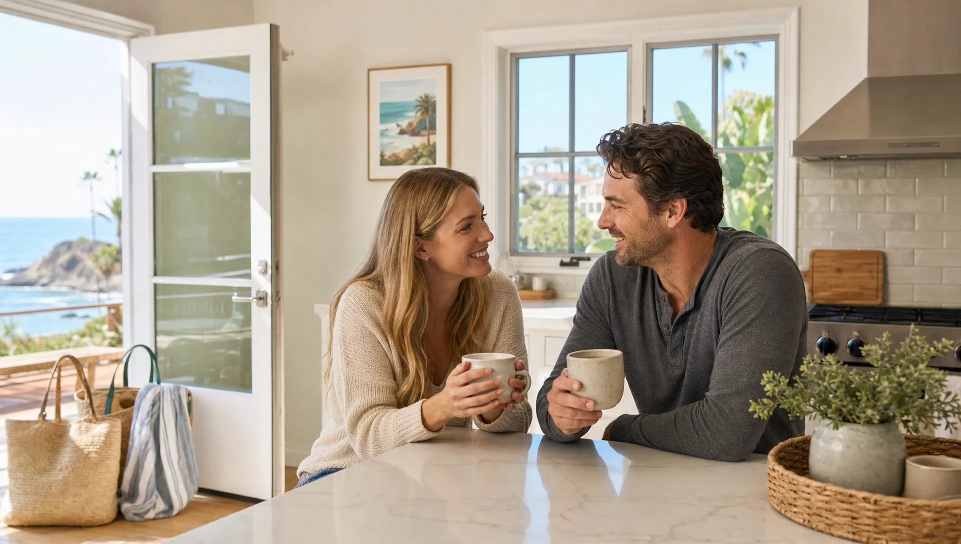A couple enjoying coffee in a bright Laguna Beach rental kitchen with natural light, coastal decor, and beach bags by the door.
