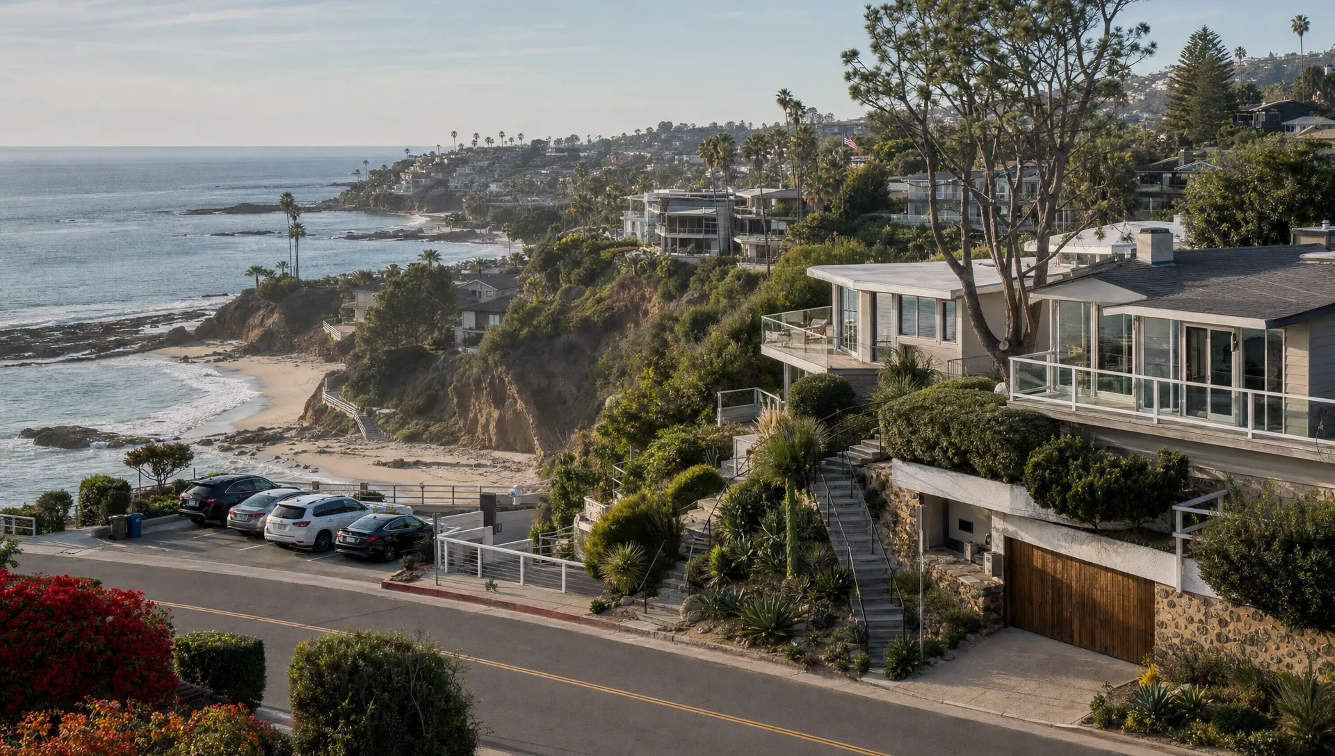 A wide coastal establishing scene of a private Laguna Beach home set into a hillside above the shoreline, with a quiet residential street, layered ocean coves, stair-stepped paths, and a small parking area visible near the property. The composition should emphasize the destination itself and the practical reality of beach-town access, privacy, and walkability, with no people visible and no interior-room focus.