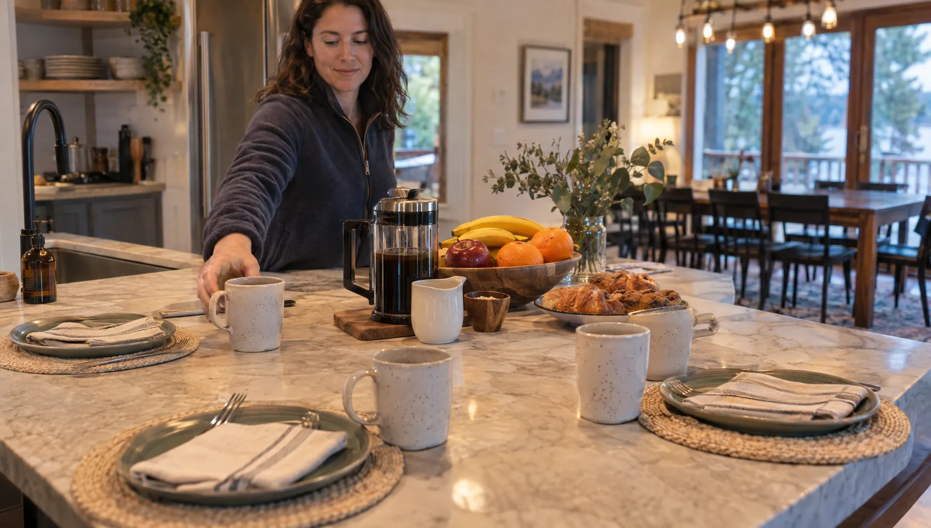 A colleague reaches for coffee at a breakfast island set for four in a private vacation rental.