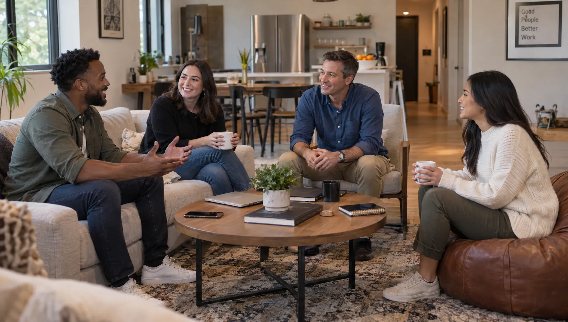 Colleagues talk in a vacation home's living room during a relaxed break from their corporate retreat.