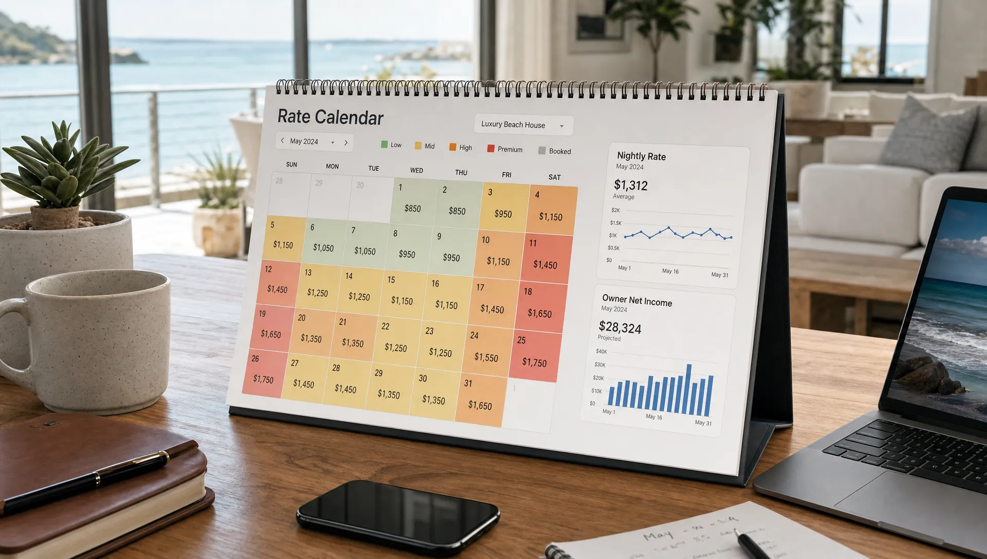 A rate calendar on a desk tracks seasonal demand, nightly changes, and owner net income for a luxury vacation rental.