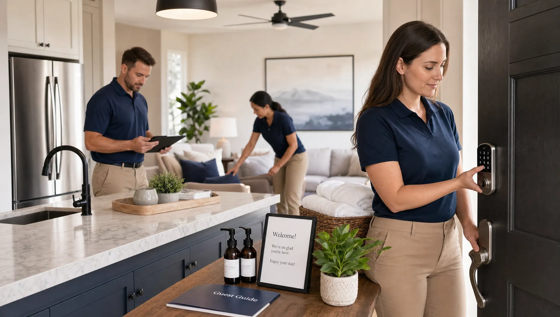 Vacation rental management team inspecting a luxury home's kitchen, smart lock, and guest-ready amenities before launch