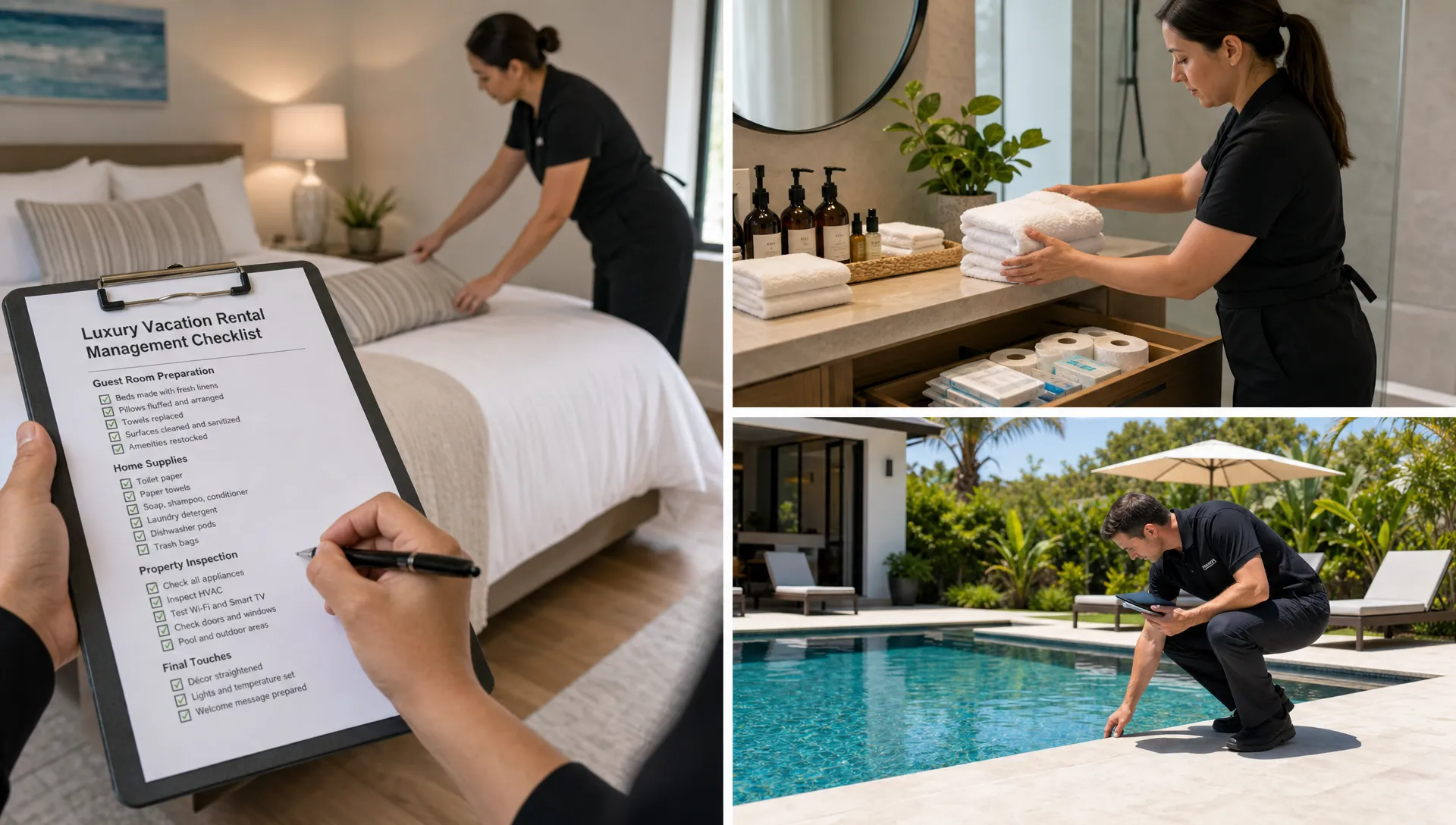 Luxury vacation rental management checklist with cleaners preparing bedrooms, restocking supplies, and inspecting a private pool before guest arrival