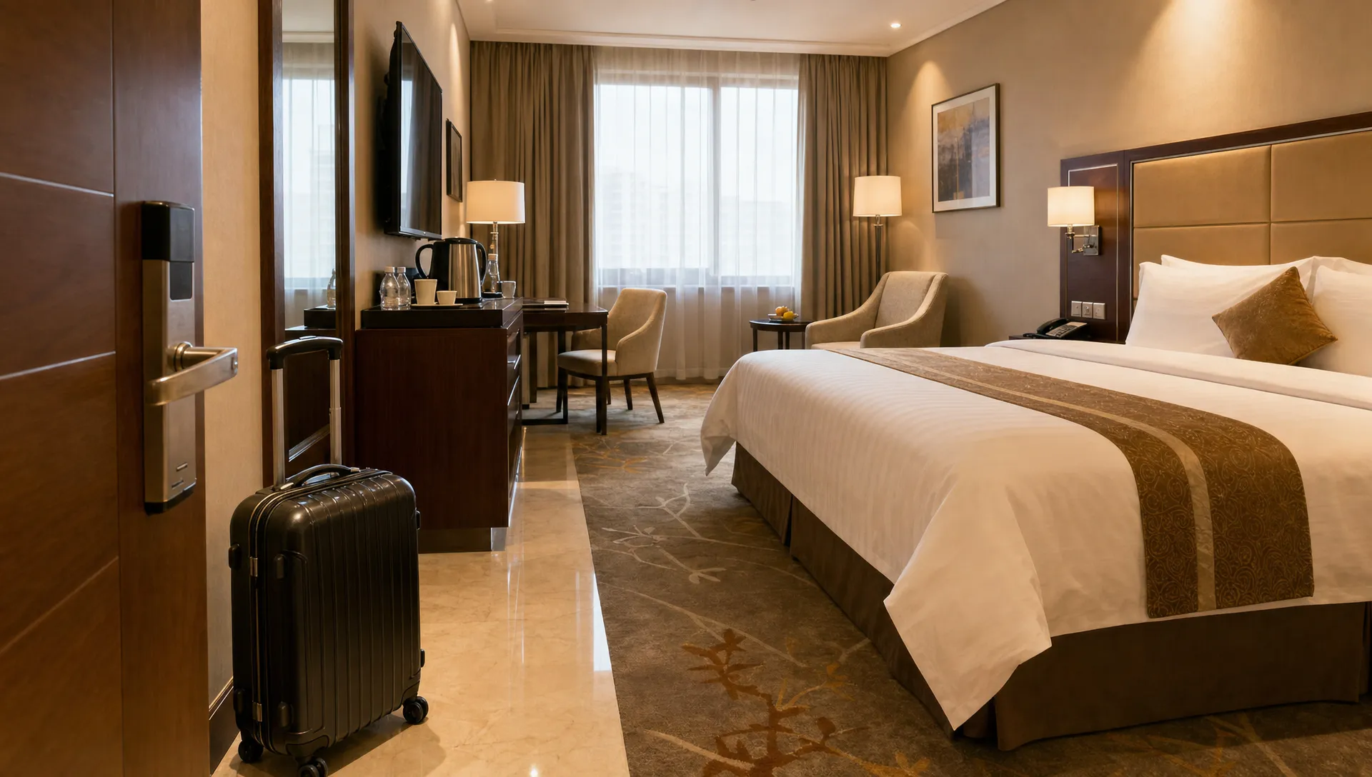 A hotel room setup shows luggage, a bed, and service items beside the entry and window.