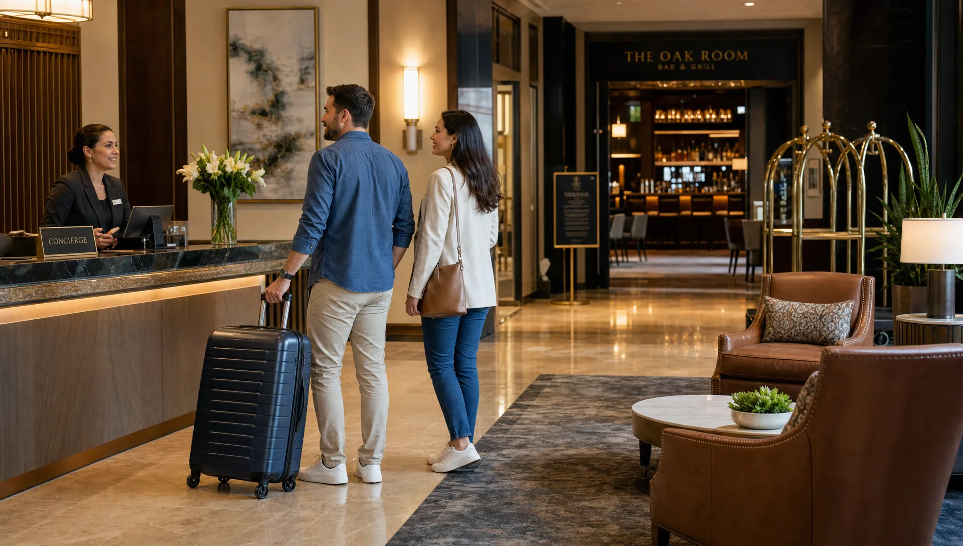 Two adult travelers arrive at a hotel lobby with luggage near the check-in desk and concierge counter.