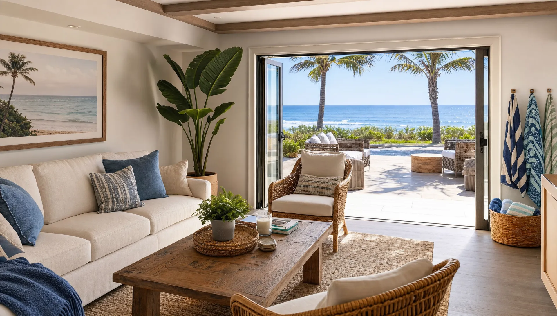 A private coastal living room opens to a patio with beach towels, outdoor seating and an easy indoor-outdoor layout for beach stays.