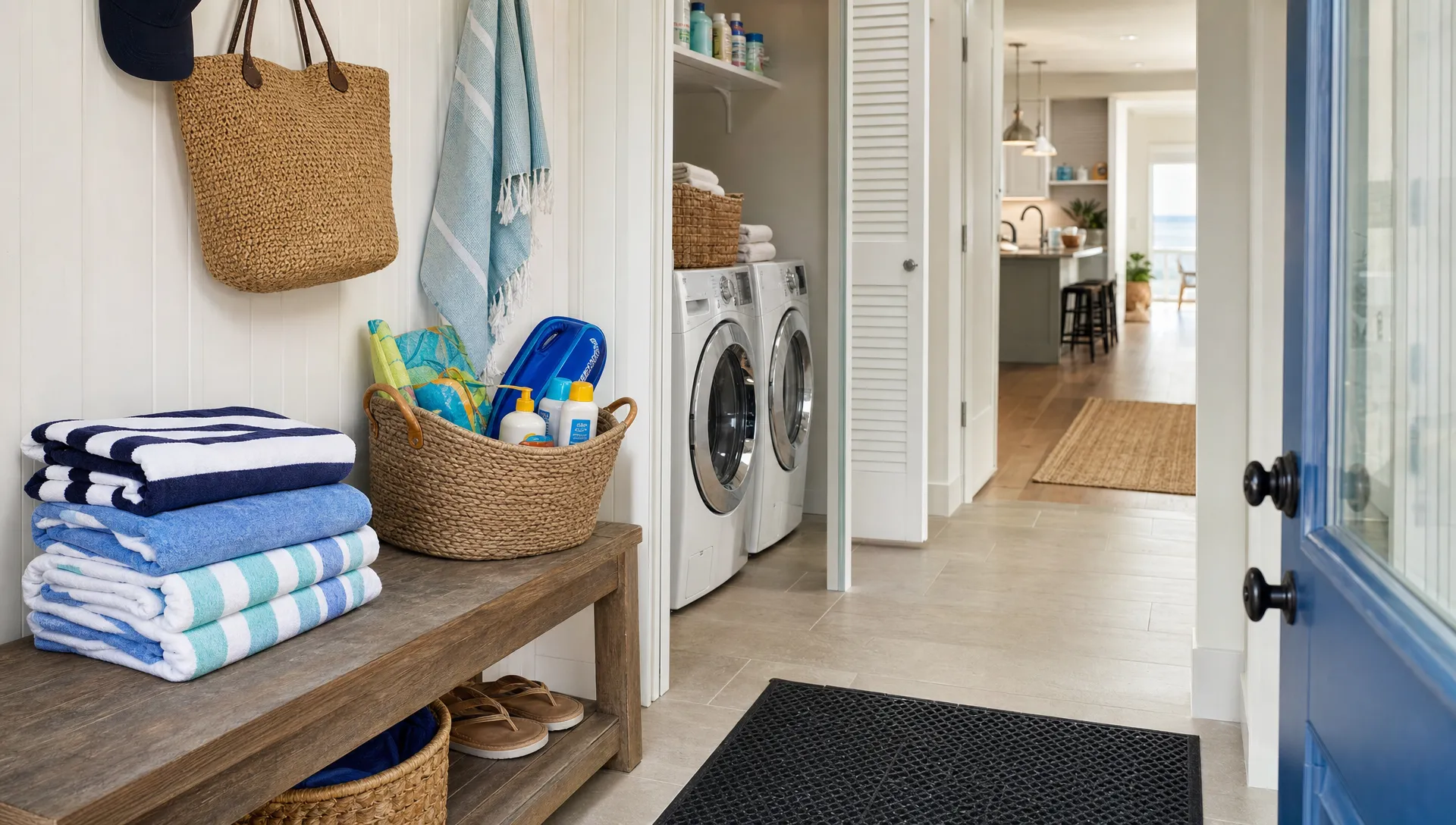 Folded towels, beach gear and a rinse mat show the practical side of a beach rental.