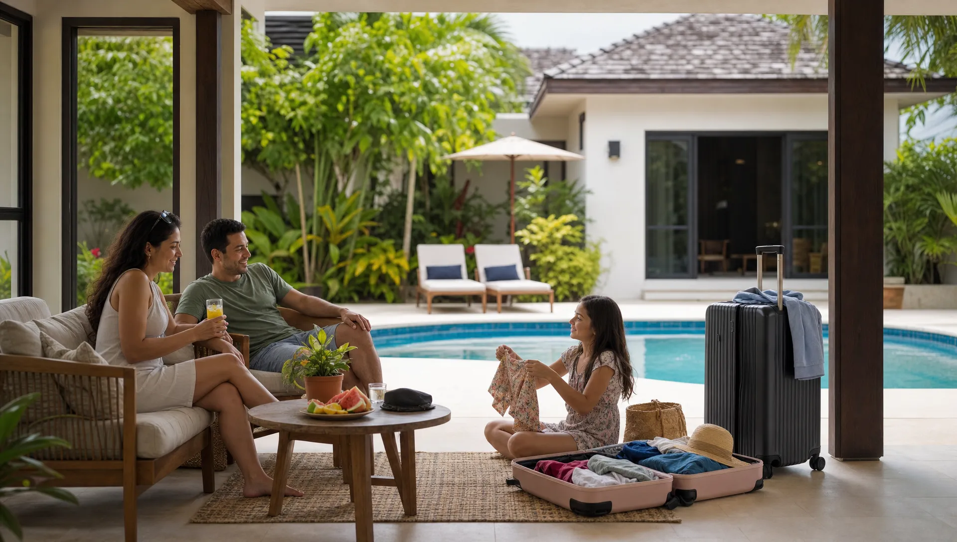 A family relaxes by a private backyard pool with shaded seating and unpacked luggage during an extended stay.