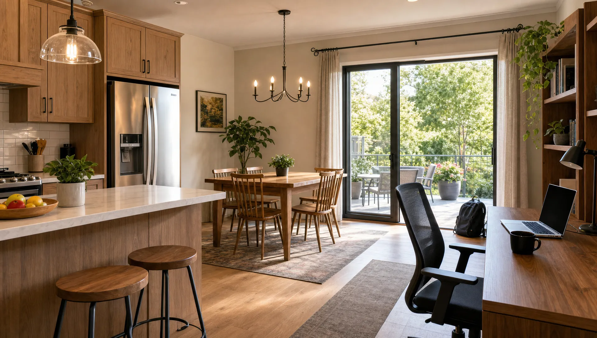 A private home kitchen and dining area include a work desk and easy access to a patio for a longer trip.
