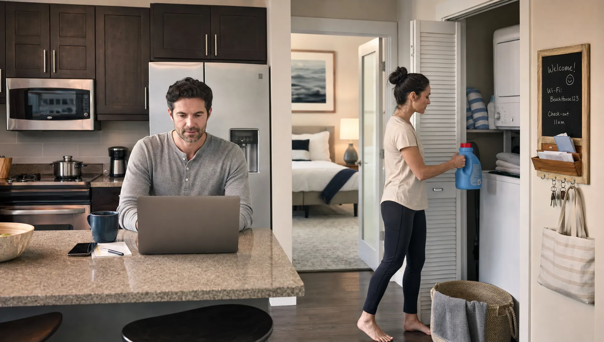 Two adults unpack groceries and settle into a private home for a two-week stay.