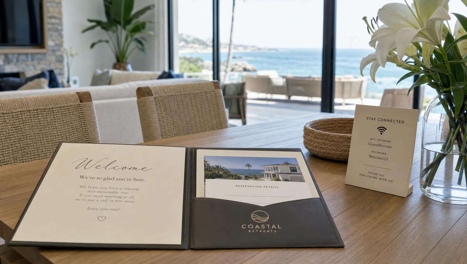 A luxury vacation rental dining table set with a reservation folder and welcome details for arriving guests.