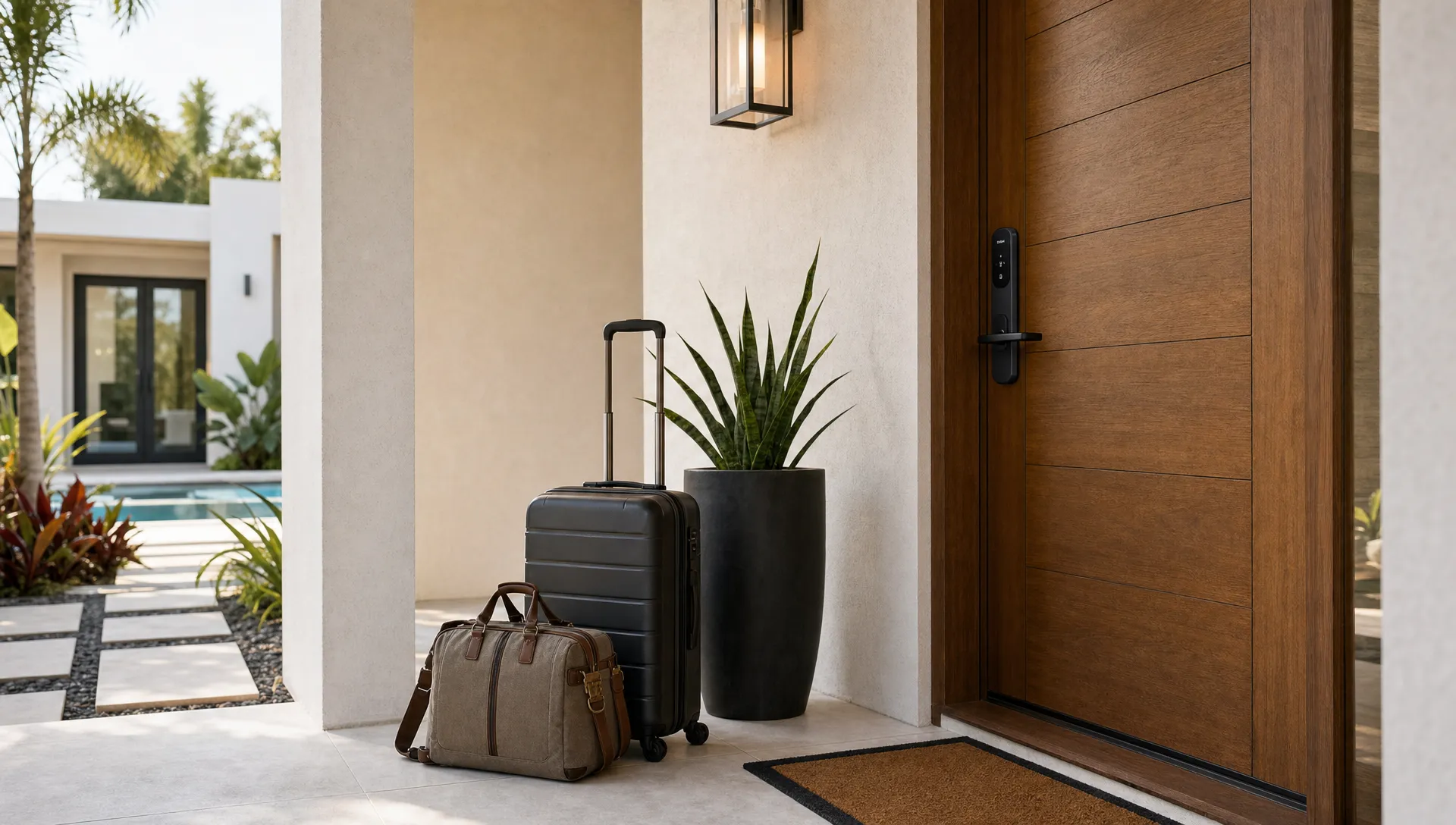 A private luxury vacation rental entryway with luggage beside a smart lock door, showing a smooth arrival after booking.