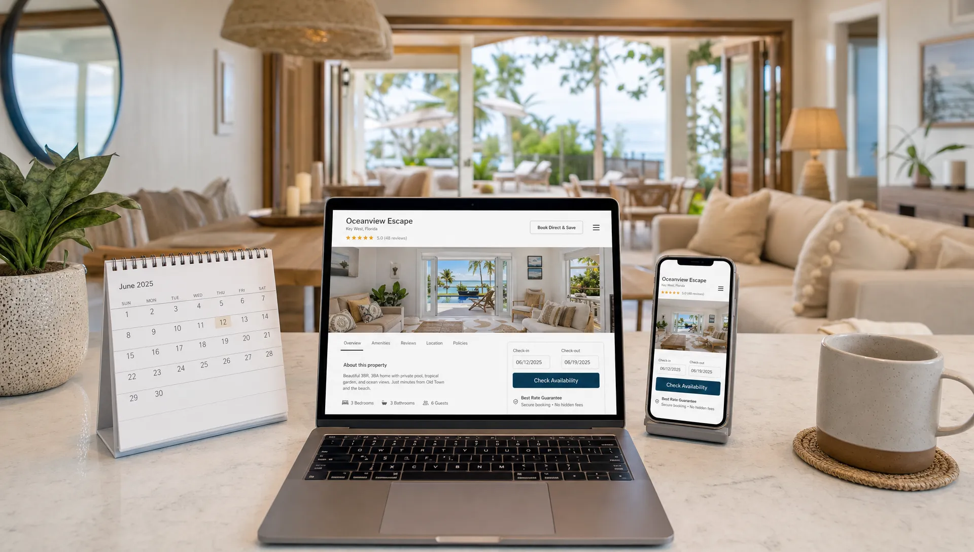 A laptop, phone, and calendar sit in a bright vacation home kitchen with a private patio behind them.