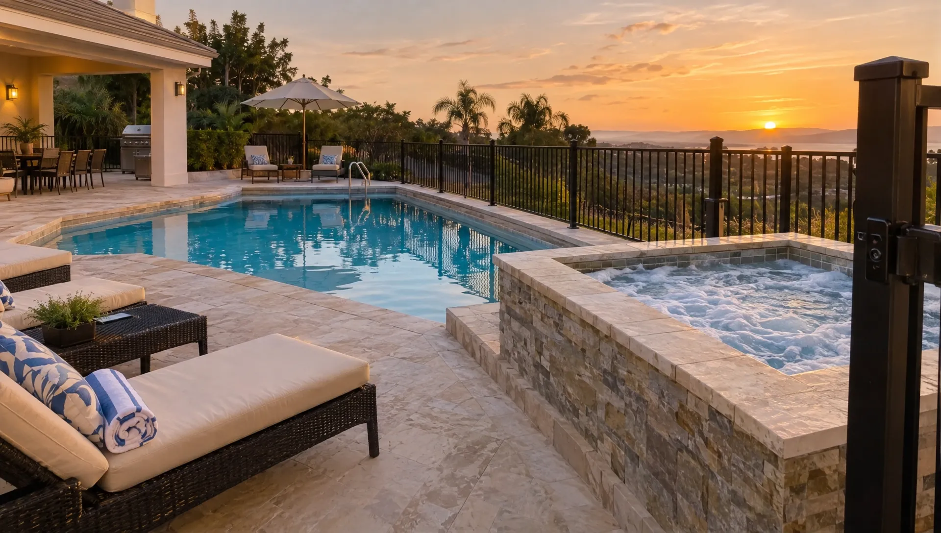 A vacation home's gated pool and adjacent hot tub are viewed from the patio, with lounge seating nearby as guests check amenity access and conditions.