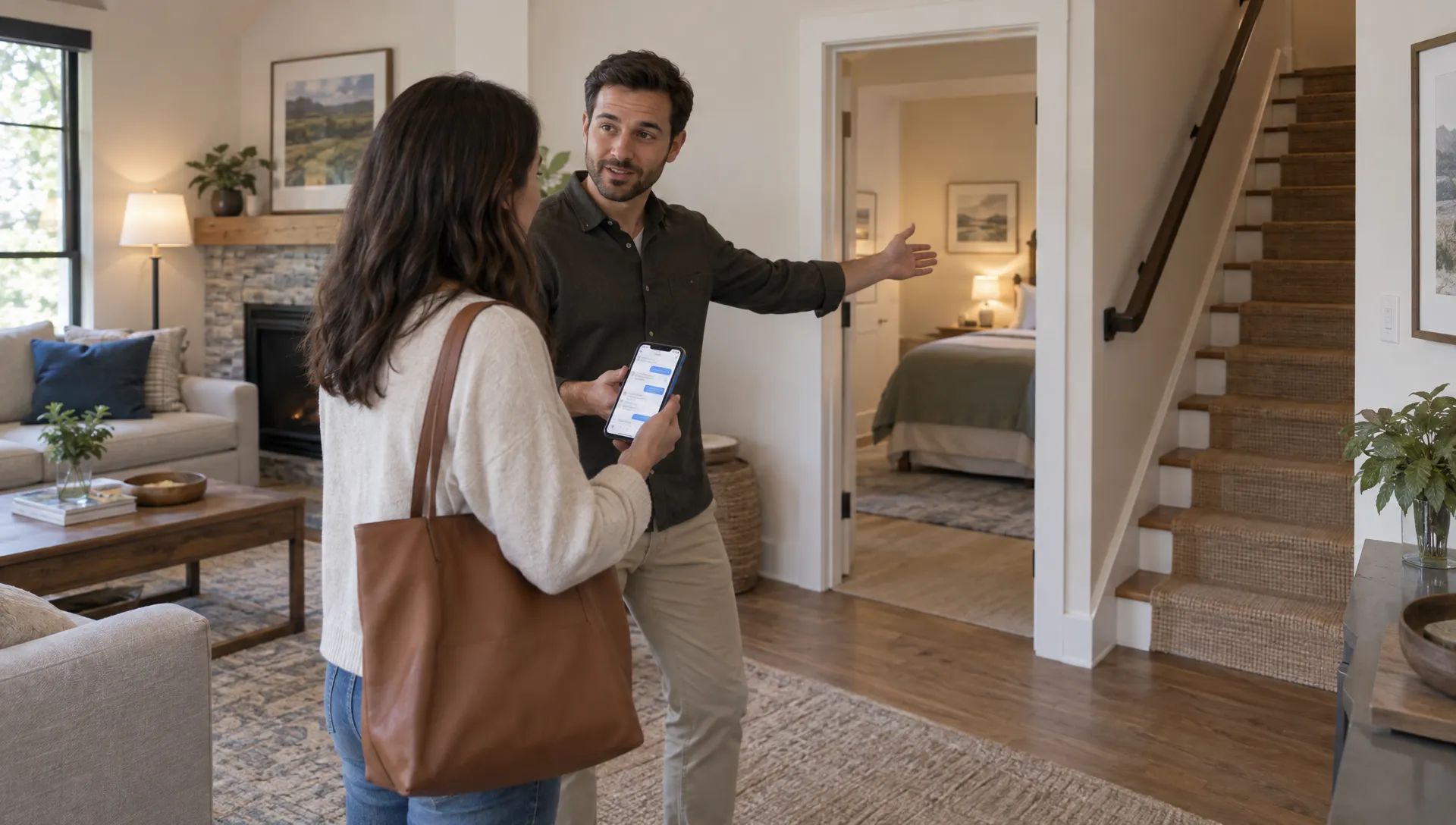 A traveler asks a host about bedroom access and stairs inside a vacation rental while checking a message on a phone.