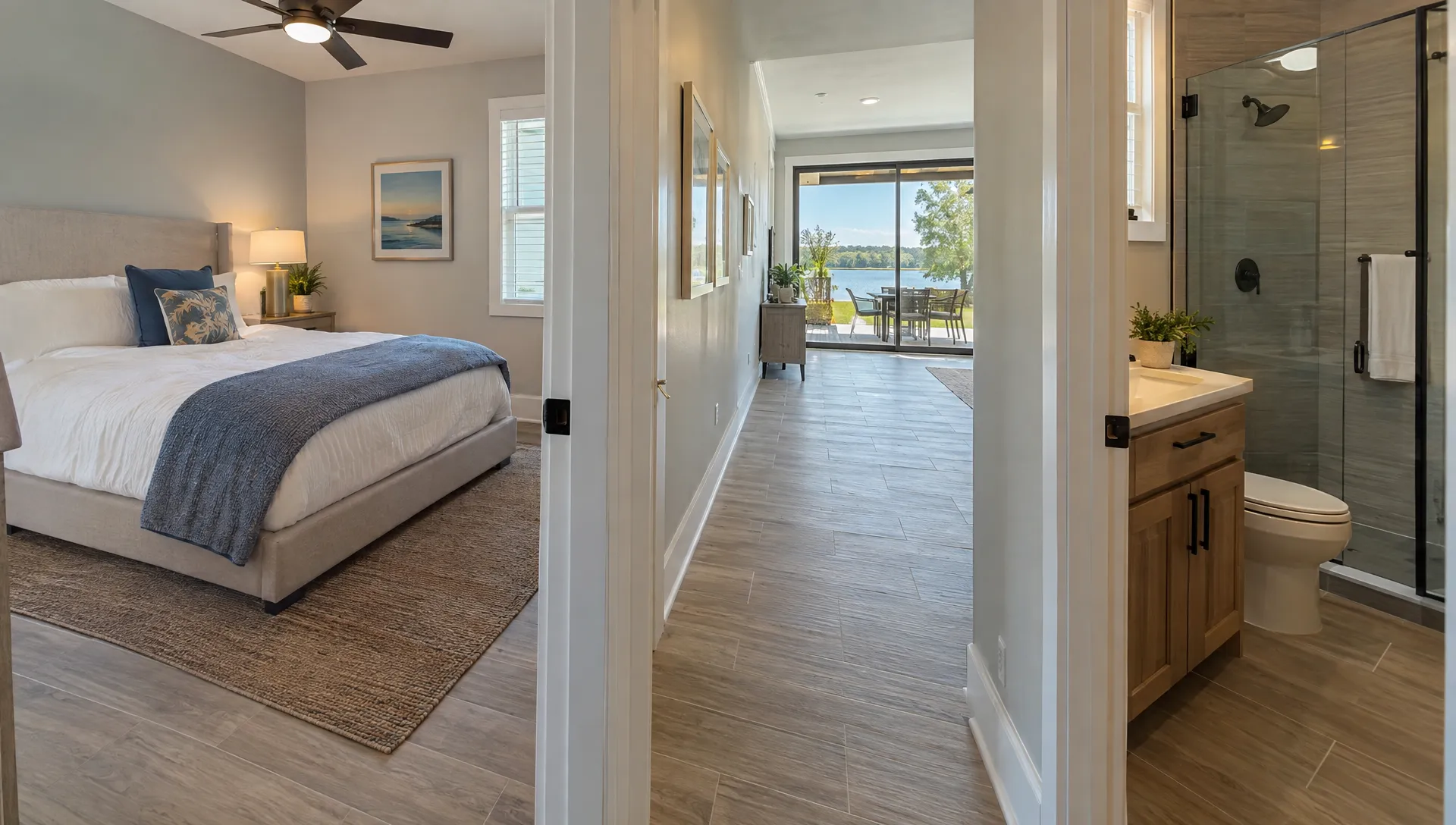 The entry-level bedroom and nearby bathroom doorway in a vacation home sit along the accessible route toward the patio, clarifying the layout a multigenerational group should confirm.