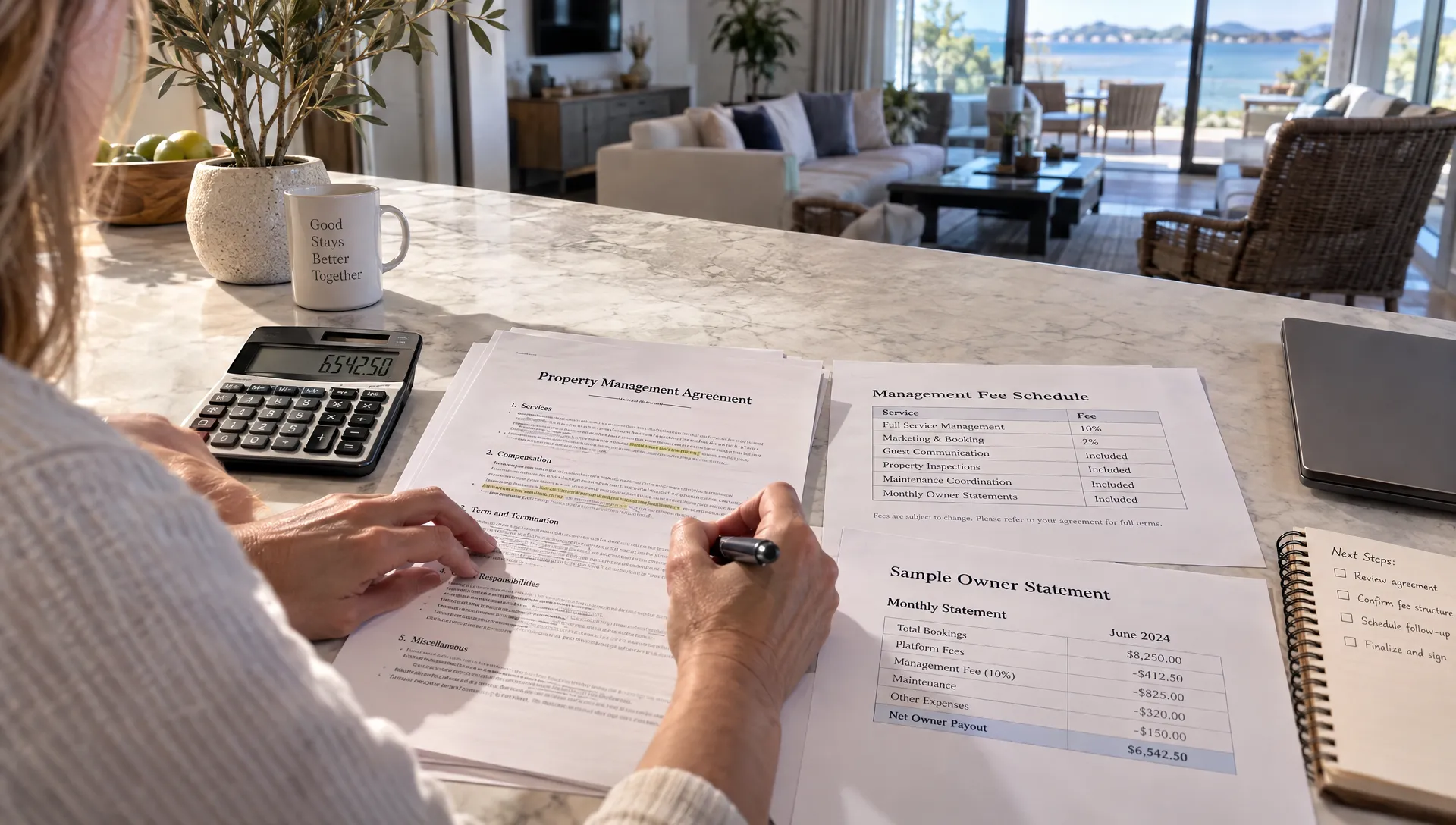An owner marks a management agreement beside fee details and an owner statement while comparing vacation property management companies.