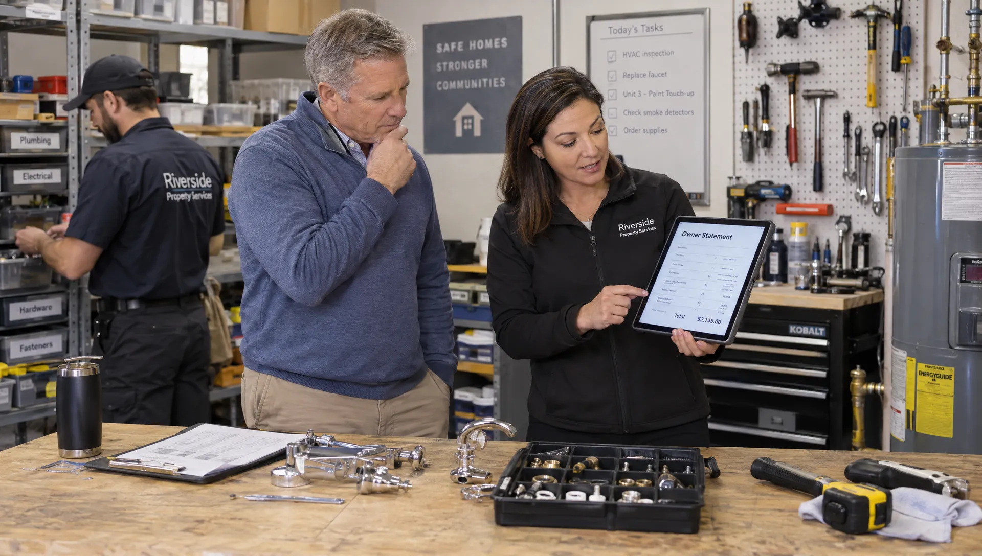 A homeowner and property manager review rental income figures while a technician organizes repair hardware in the workshop.
